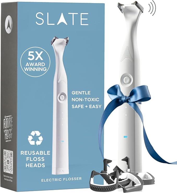 SLATE Electric Flosser | 3-in-1 Electric Flosser for Teeth w/ 3 Speeds - Dentist Invented | Eco Reusable Non-Toxic Floss, Tongue Scraper & Gum Stimulator | Power Flosser, Interdental Brush