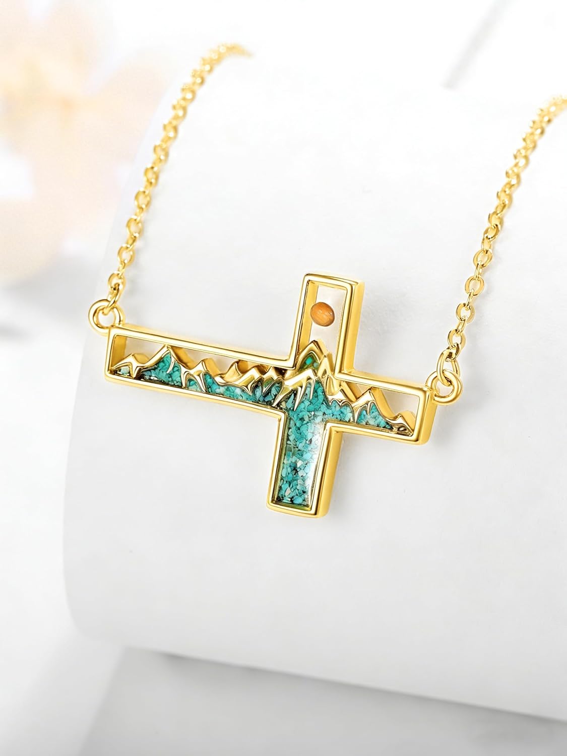 14K Gold Mustard Seed Sideways Cross Necklace for Women Turquoise Mountain Sun Pendant Christian Faith Jewelry First Communion Baptism Confirmation Gifts for Hikers, Climbers and Nature Lovers