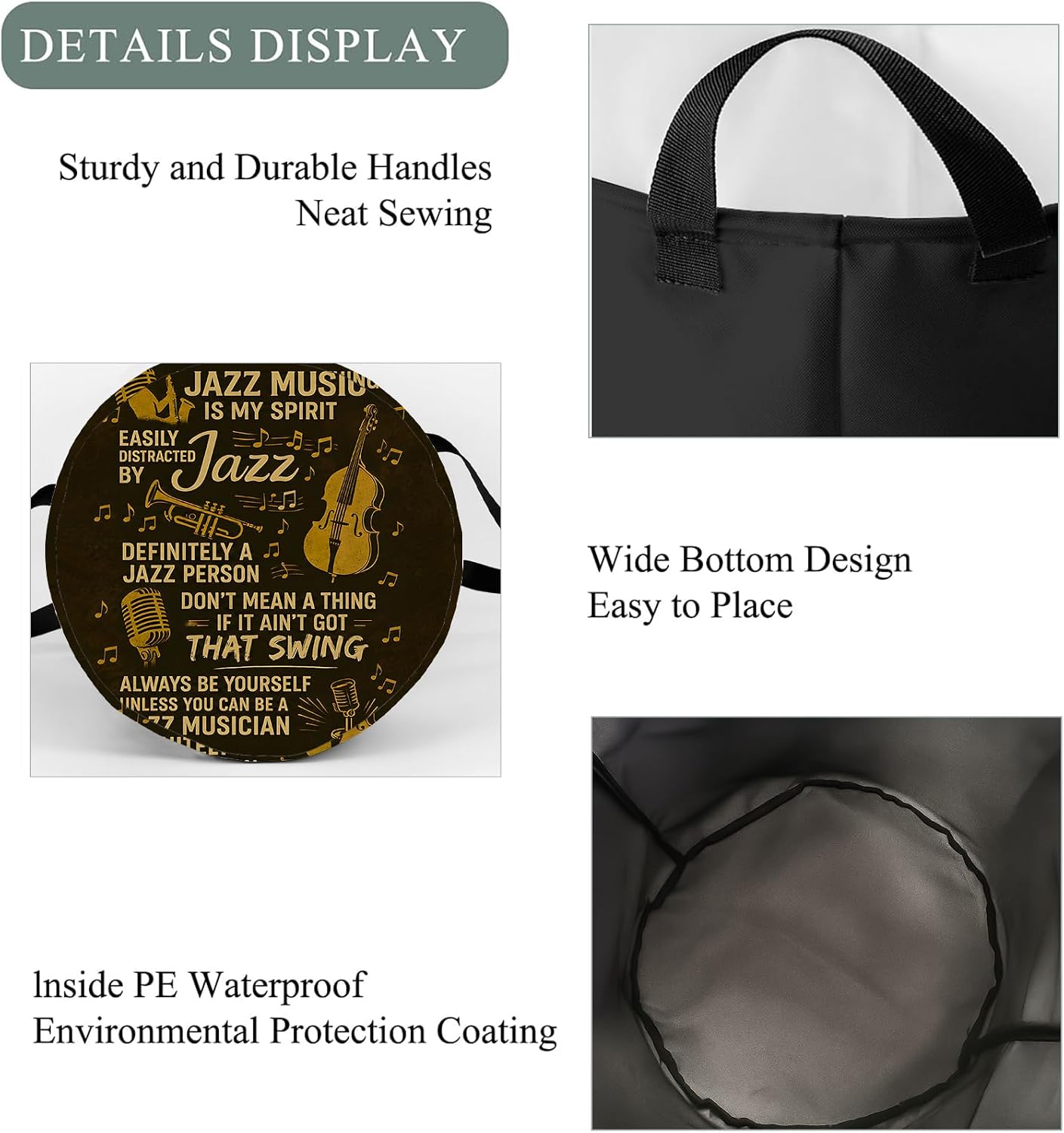 Jazz Music Laundry Basket Hamper, Organizer Bins Gifts for Women Kids, Retro Note Art Foldable Waterproof Clothes Hamper Handles Storage Bucket for Bedroom Bathroom Room Decor 19.7"x15.7" image 5