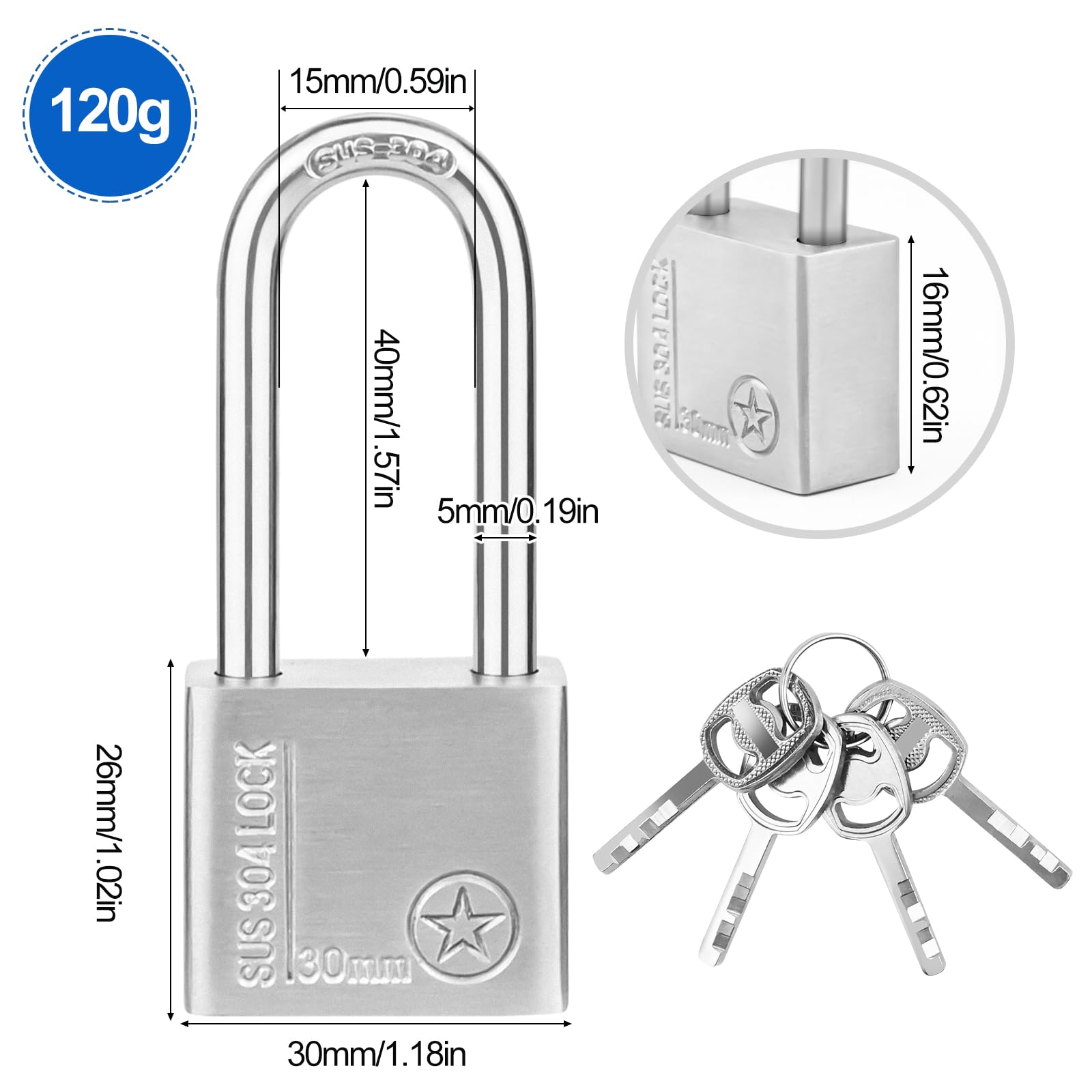 Stainless Steel Long Shackle Padlock, Heavy Duty Padlock Weatherproof & Waterproof with 4 Keys, High Hardness Anti-Pry Security Padlock for Garden Shed/Garage/Fence/Locker/Outdoor Indoor Use (3CM) - Image 3