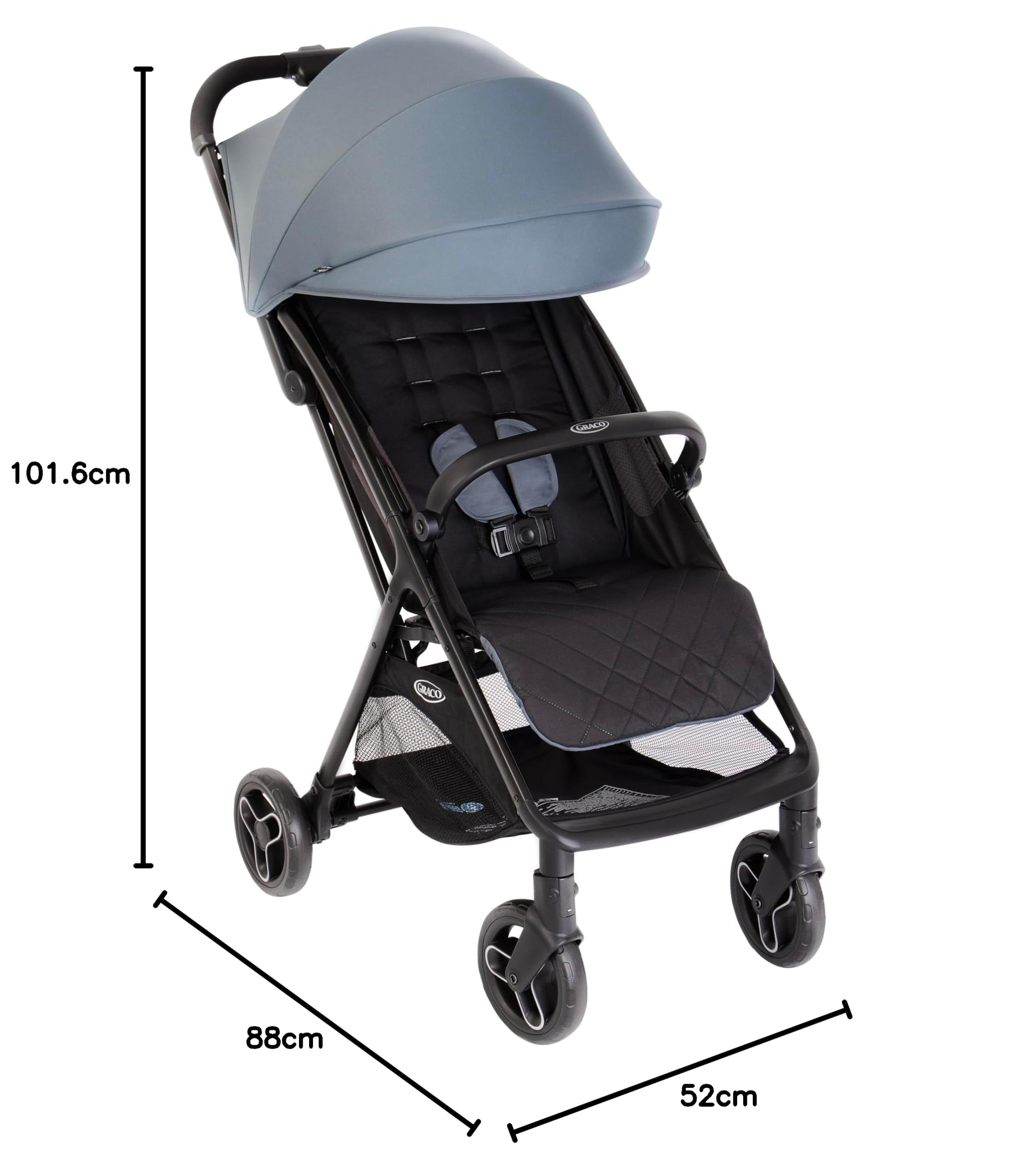 Graco Myavo Reisebuggy, ab Geburt bis ca. 4 Jahre, blau, Stormy, 5,8 kg, schnell zusammenklappbar, großer Staukorb, verstellbare Rückenlehne, inkl. Regenverdeck, bis 22 kg