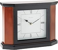 Bulova B1881 Holyoke Desk Clock - Solid Cherry Wood Case, Black Accents, Protective Glass Lens, 7.5" Tall