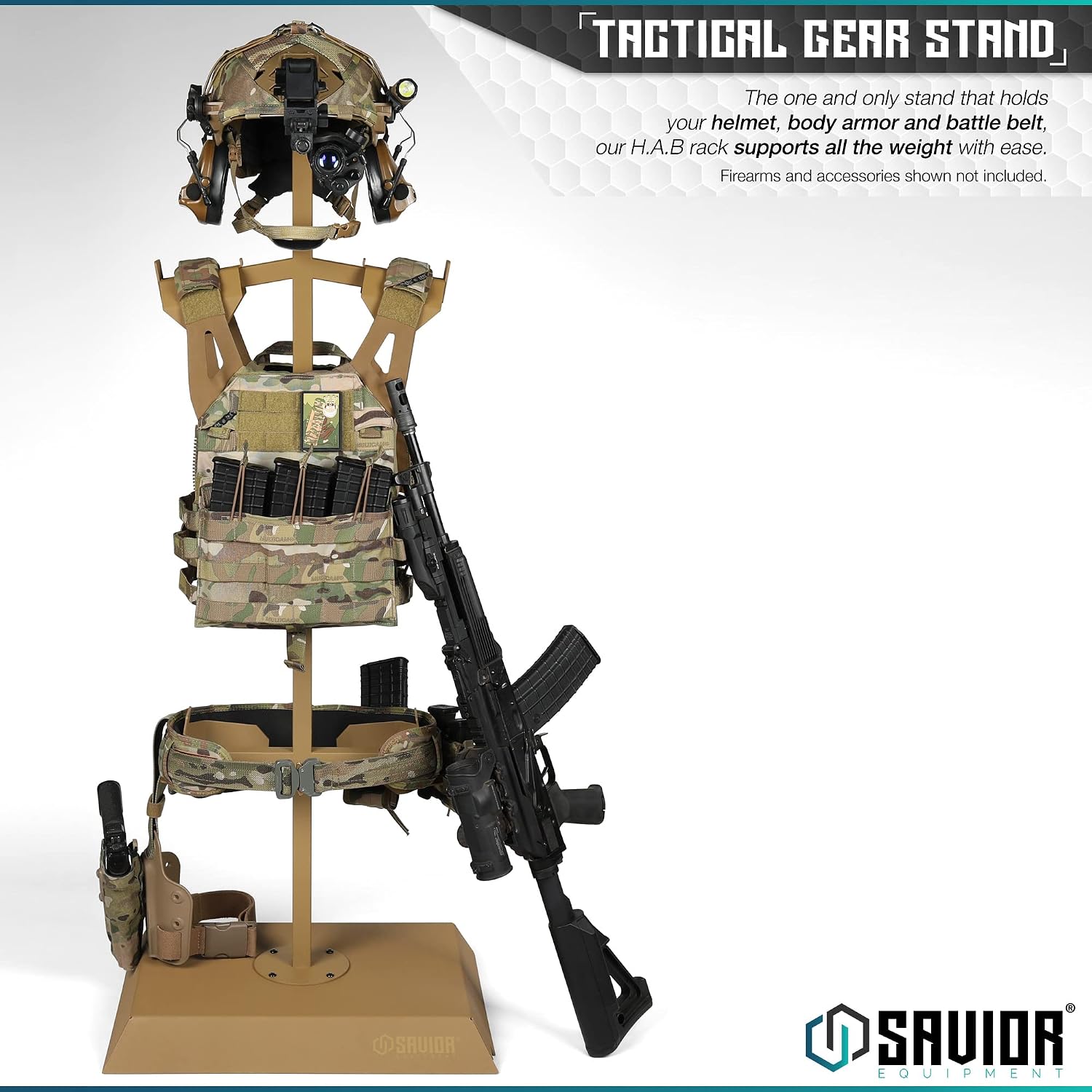 Savior Equipment H.A.B Tactical Gear Stand Helmet Vest Belt Display Rack, Military Gear Holder Plate Carrier Indoor Home Garage Free-Standing Organizer, Heavy Duty Steel Construction Hold Up To 70 lbs