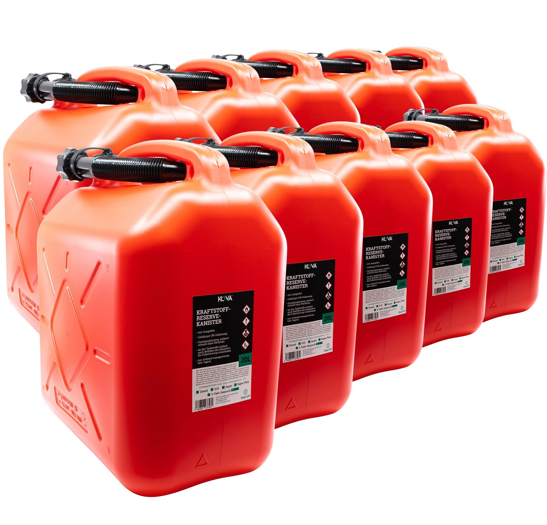 KOVA 12x Benzinkanister 20L ROT Kunststoff Dieselkanister Reservekanister Kraftstoffkanister 20 Liter Wasserkanister für Benzin Diesel Wasser AdBlue 20-Liter-Kanister & Außgießer 20 ltr Petrol Can