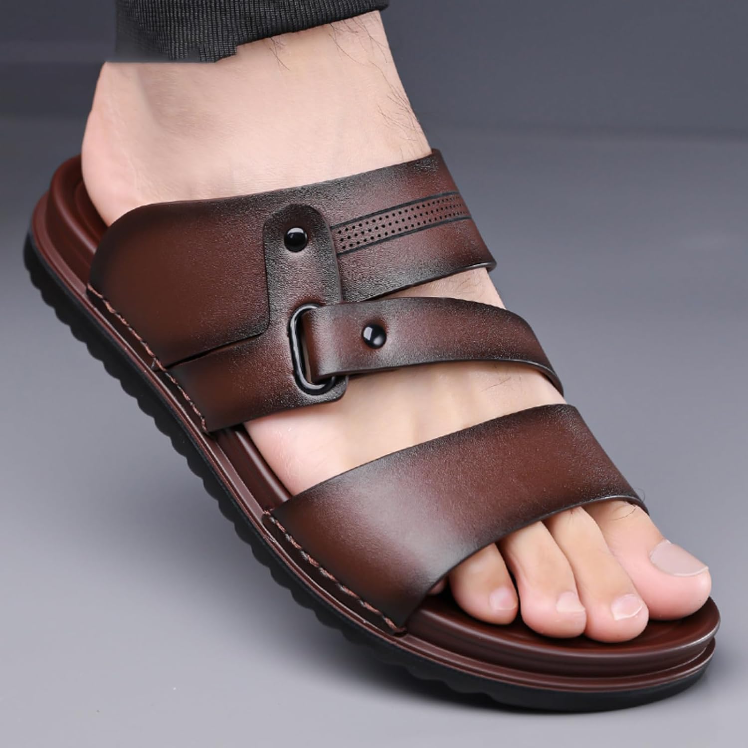 Men's fashionable flat sandals - formal style - outdoor open-toe leather sandals - slip-resistant and comfortable for walking - suitable for beach, fishing and daily summer outings