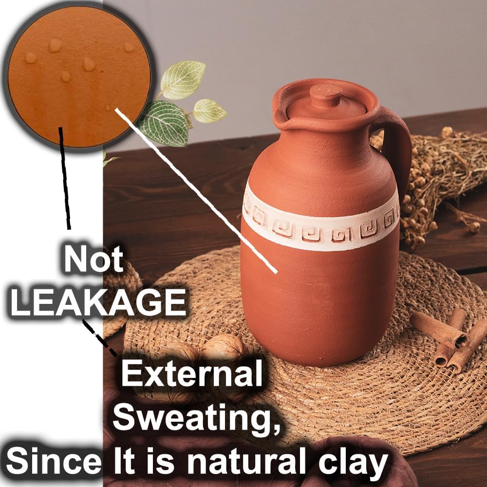 Handmade Natural Clay Terracotta Earthenware Earthen Water Pitcher Jug Pot with Lid for Drinking Drink Ayurveda Healthy Unglazed Pottery Style Indian Mud Kitchen Farmhouse Bottle Mexican Bohemian