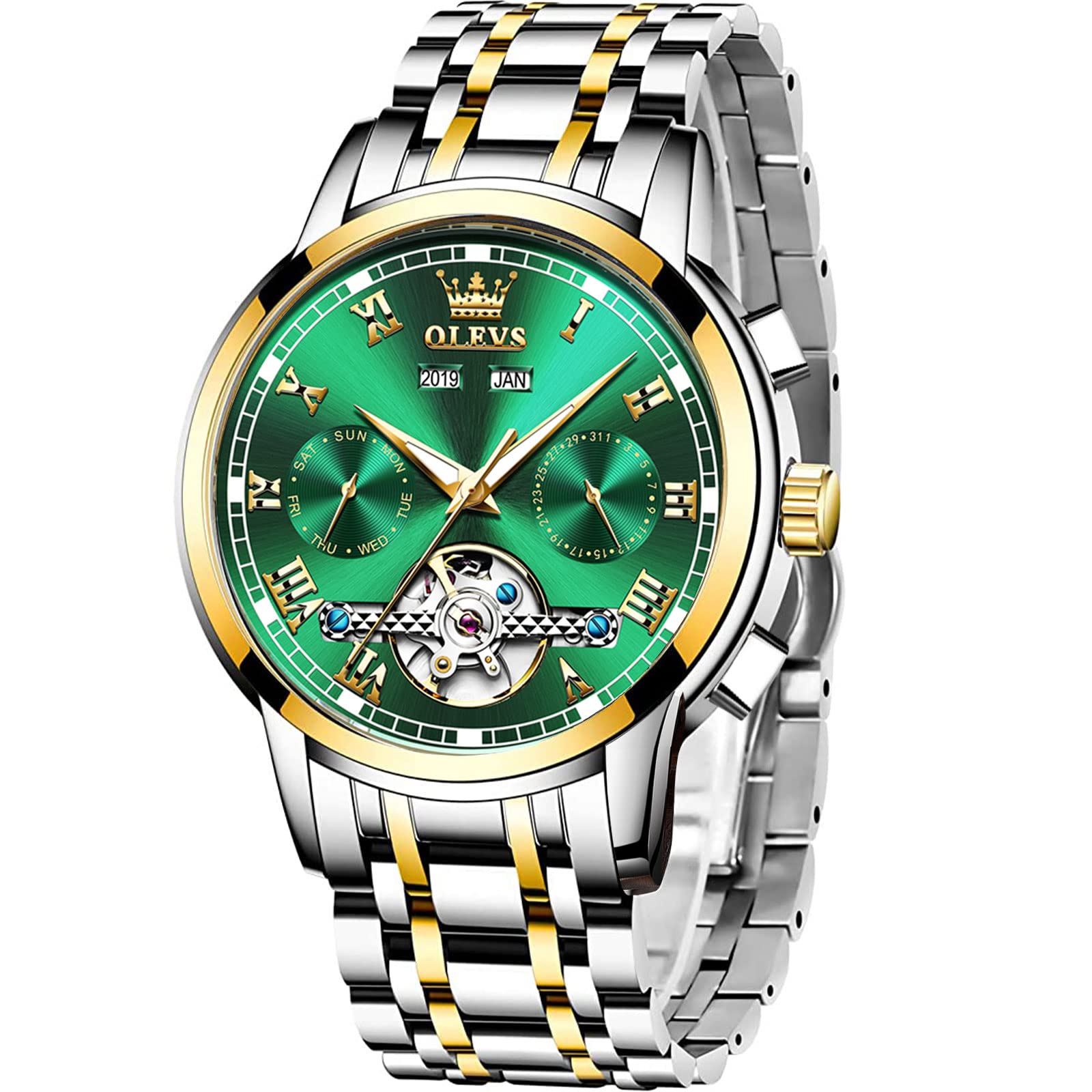 Watch for Men Self Winding Green Two Tone Watches Mechanical Mens Wrist Watches Luxury Large Face Men's Skeleton Watch Waterproof Stainless Steel Tourbillon Mens Watches with Date Reloj Para Hombre