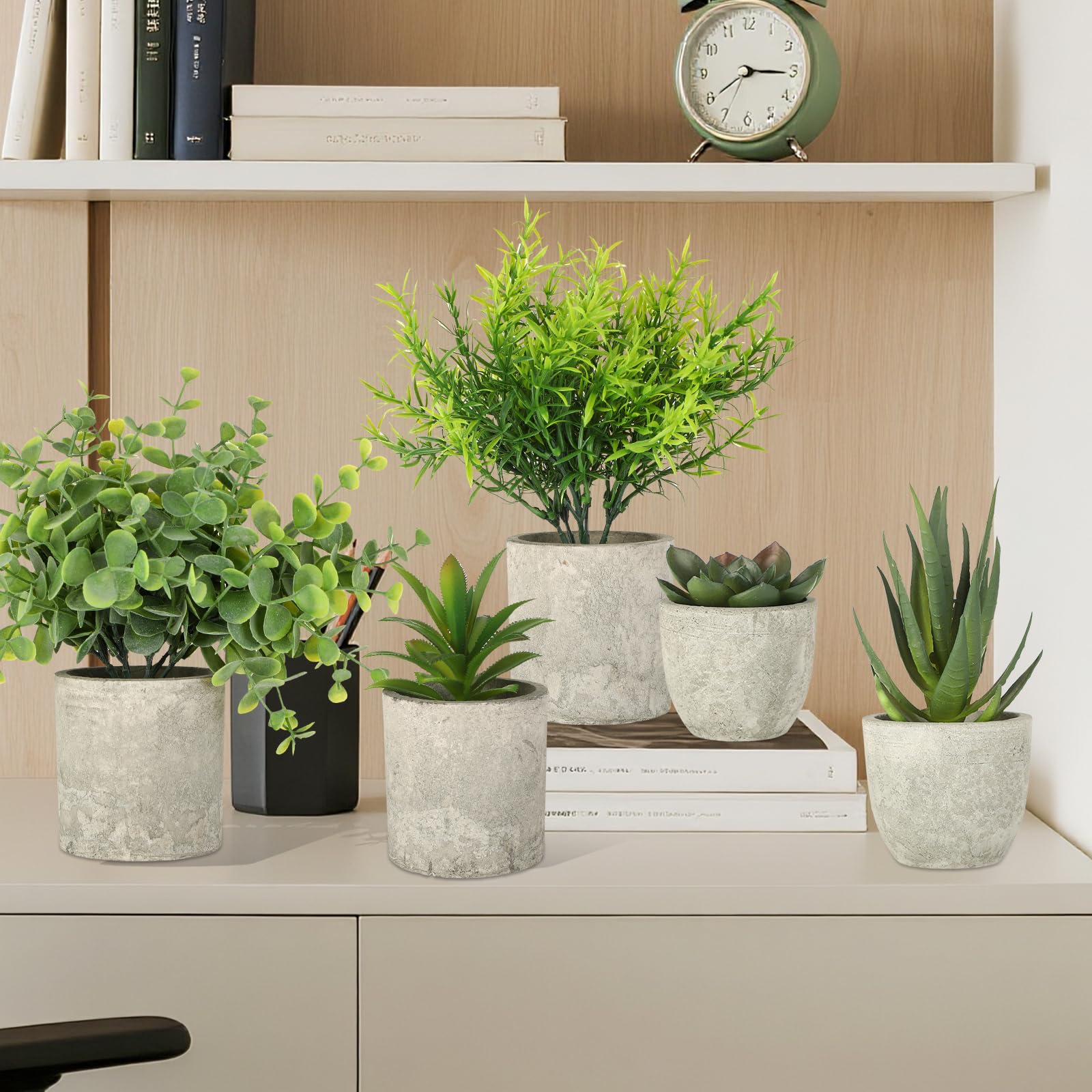 CRESZZLE Zestaw 5 mini sztucznych roślin, takich jak prawdziwe, realistyczne, sztuczne rośliny, sukulenty, idealna dekoracja, salon, sypialnia i biuro, ze stylowymi sztucznymi roślinami