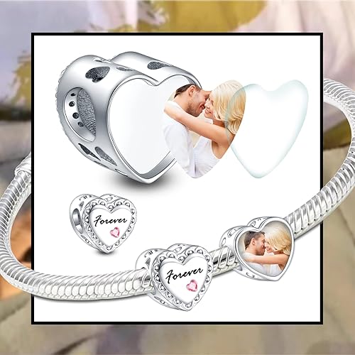 Miniatura 3 de NINGAN Abalorios personalizados con fotos de plata de ley 925 para pulseras, collares, cuentas redondas de corazón grabado personalizado para