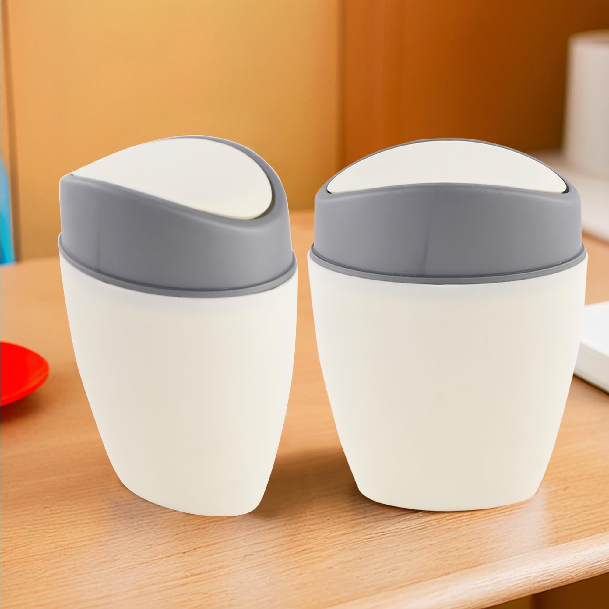 2 Pcs Plastic 1.25 Ltr Mini Dustbin for Study Table/Bedroom/Bathroom with Swing Lid | Portable Small Dustbin for Kitchen Sink | Table Top Office Desk Trash Can Waste Bin | White