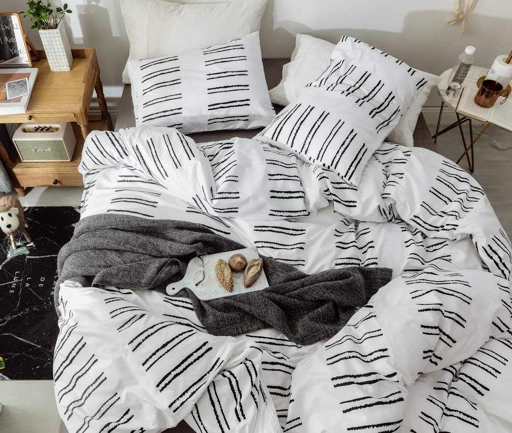 JANZAA 3 PCs White Duvet Cover Set, Microfiber Soft Breathable Stripe Duvet Cover King Bedding with Pillow Shams(White,King)