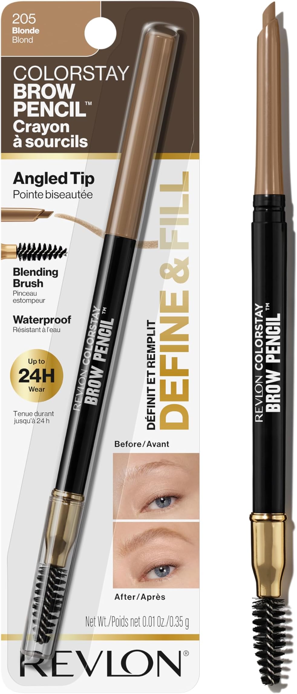 ColorStay Eyebrow Pencil with Spoolie Brush, Waterproof, Hair-Like Strokes for Natural Looking Brows, 205 Blonde, 0.021 oz