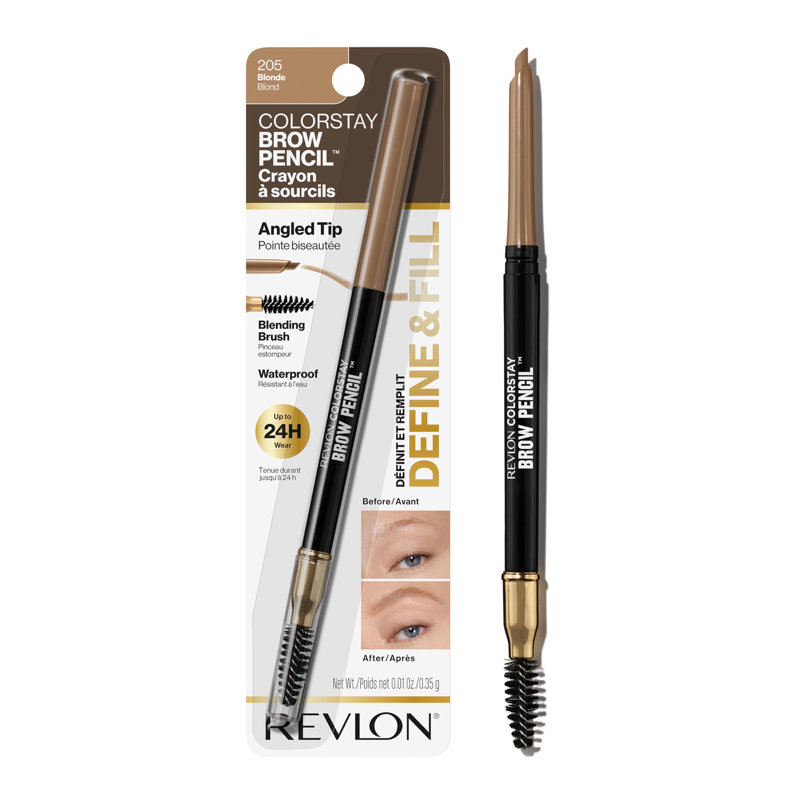 ColorStay Eyebrow Pencil with Spoolie Brush, Waterproof, Hair-Like Strokes, Stocking Stuffer for Her, 205 Blonde, 0.021 oz