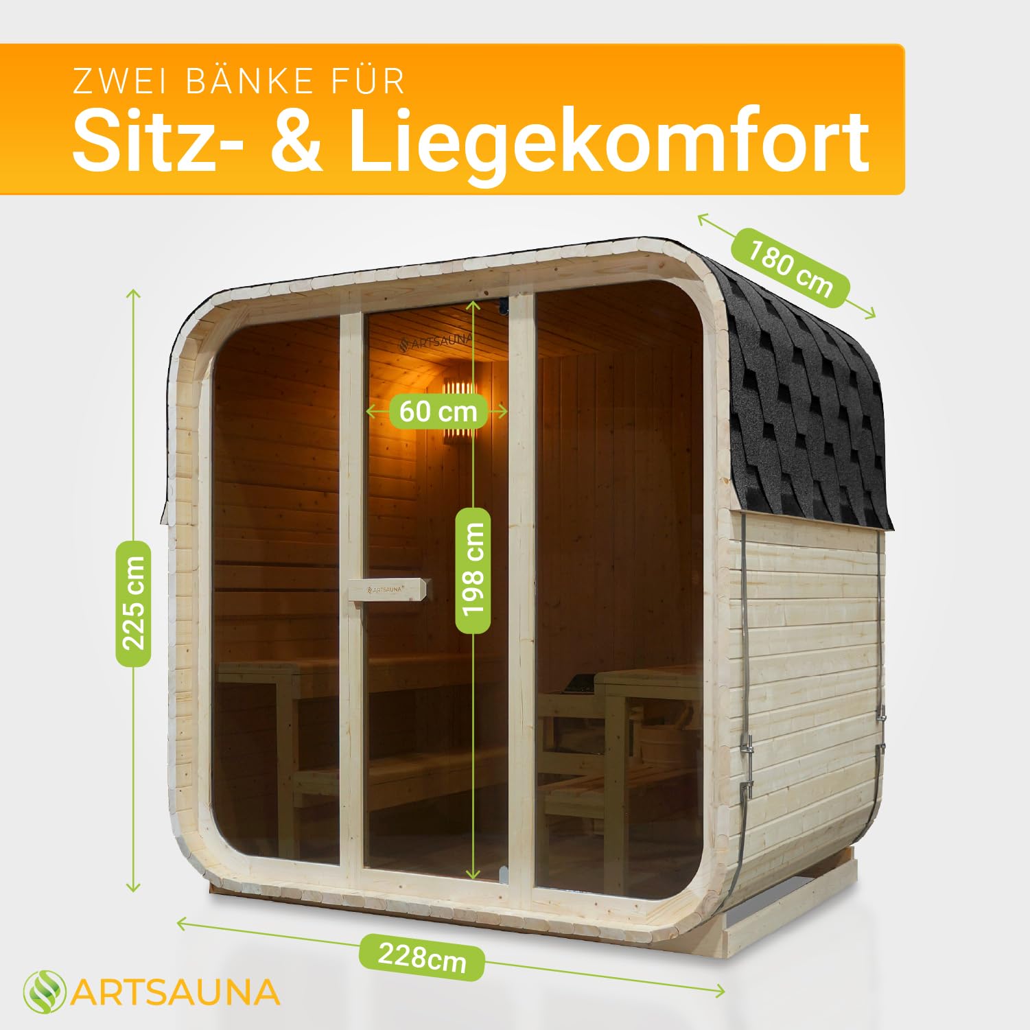 Artsauna Fasssauna Fjora Outdoor-Sauna Fichtenholz 6 Personen 9 kW Ofen LED-Beleuchtung Zubehörset