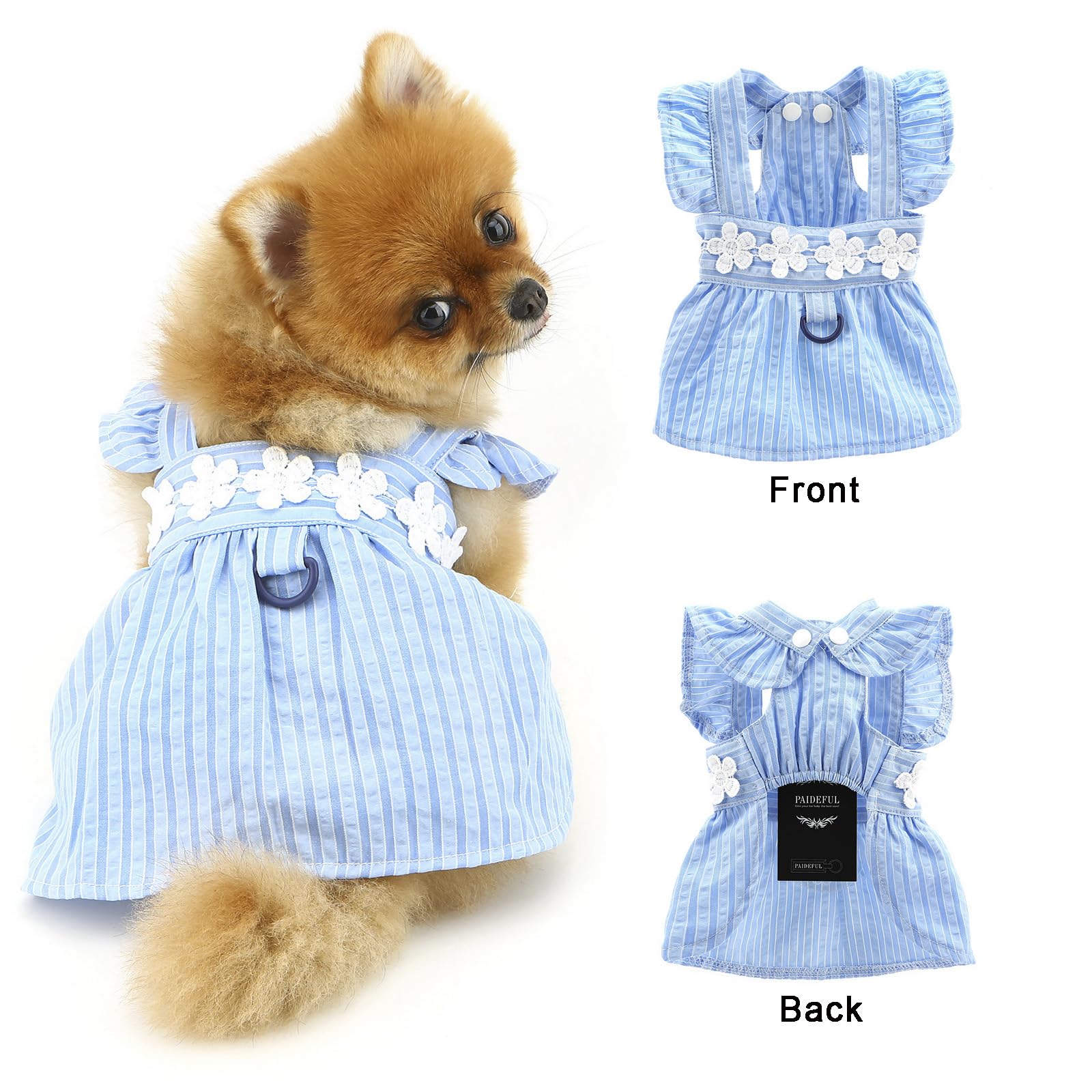 PAIDEFUL Small Dog Dress Elegant Girl Dogs Sundress Striped Puppy Skirt with Flower Embroidery Summer Strap Princess Dresses Cool Pet Clothes Cute Cat Chihuahua Costume Button D-ring,Blue,S - Image 2