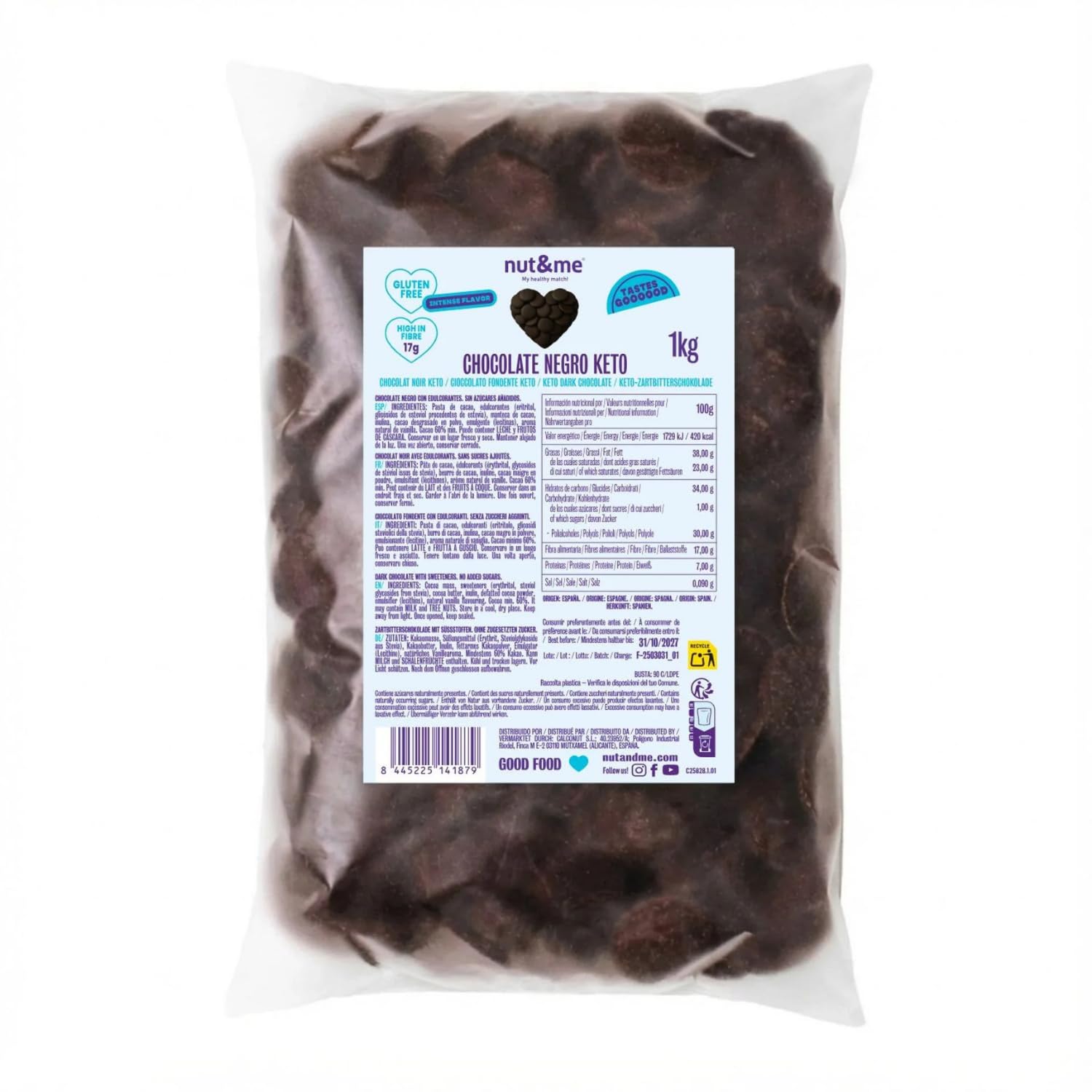 nut&me Keto Zartbitter-Schokodrops 1 kg | mit Erythrit+Stevia | Ohne Zuckerzusatz Schokolade | Vegetarisch | Glutenfrei | Ohne Gentechnik | Zum Backen | Sparpack