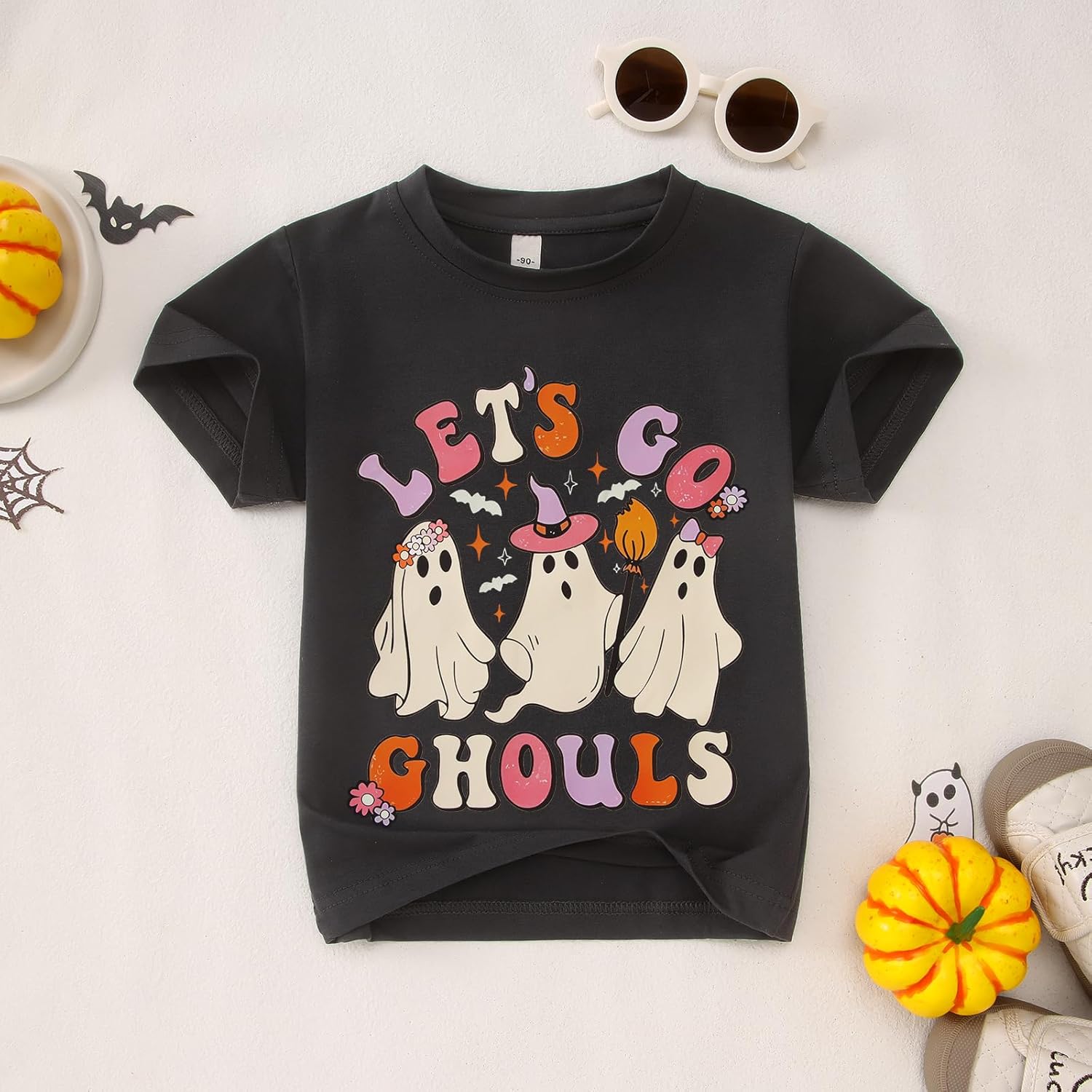 MODNTOGA Toddler Girl Halloween Shirt Let's Go Ghouls T-Shirt Ghost Graphic Short Sleeve Tee Tops Funny Spooky Season Outfit - Image 7