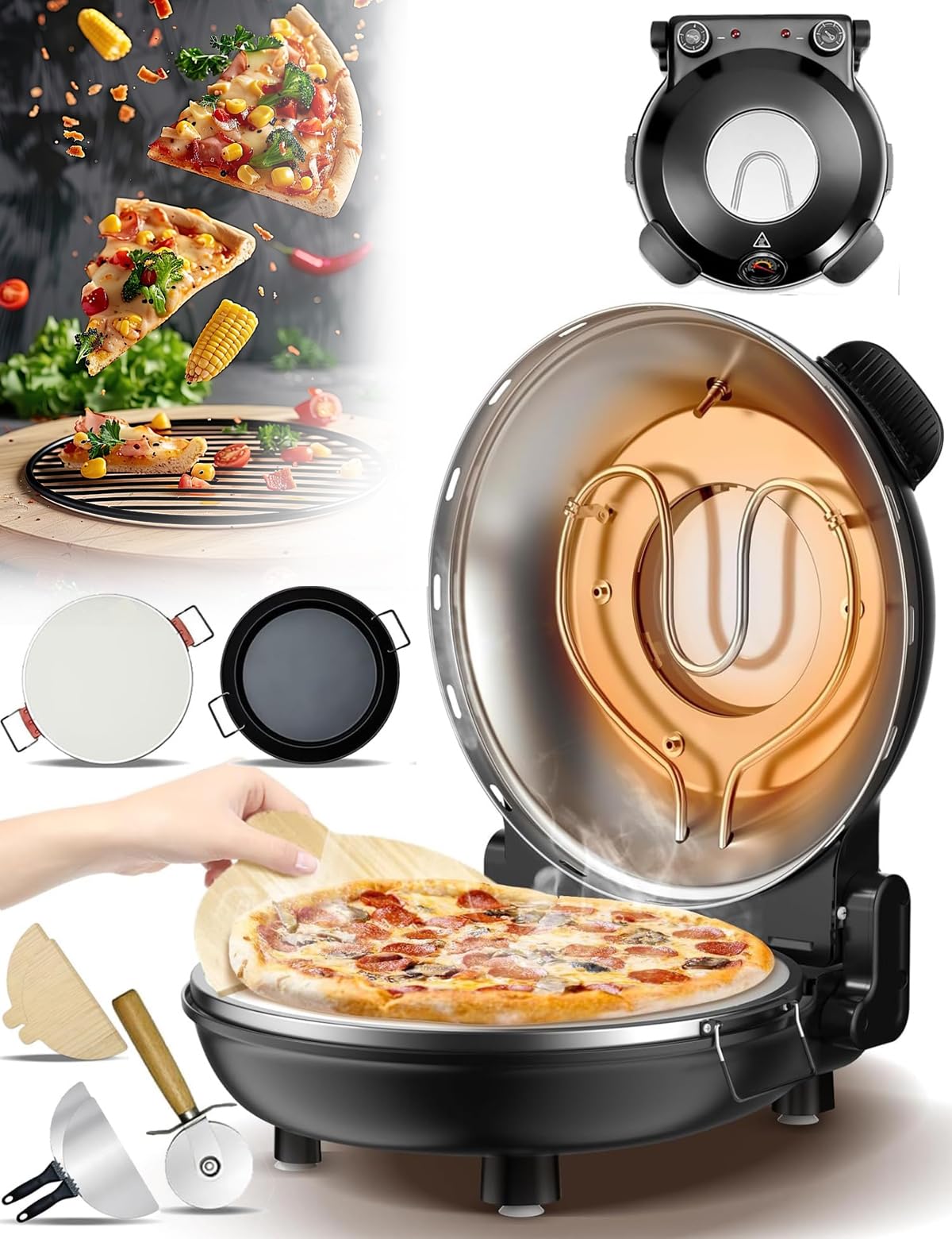 Forno Elettrico per Pizza da 1200 W, Forno per Pizza da Interno da 12 Pollici con Pietra per Pizza e teglia per griglia, termometri integrati, Timer, Finestra di visualiz,