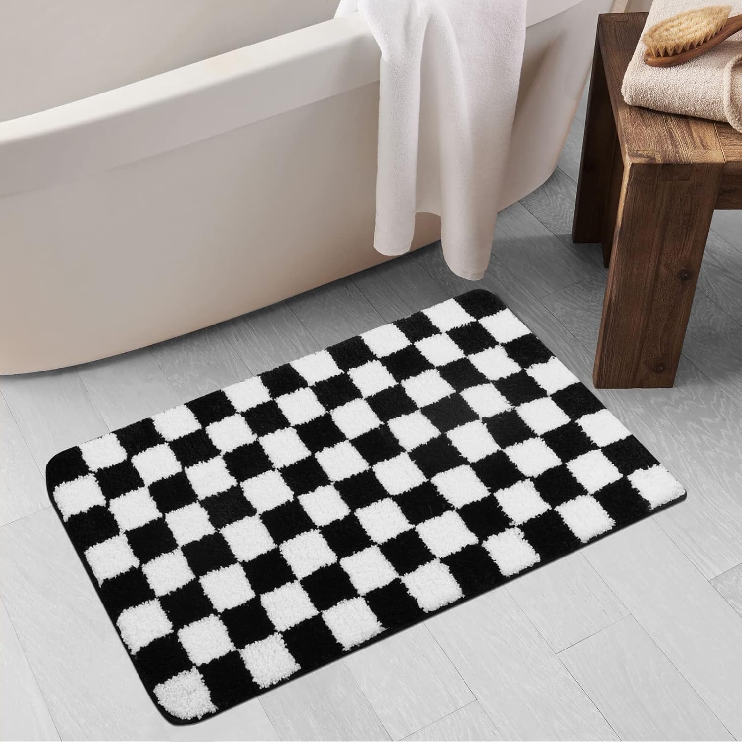 Uphome Bathroom Rug Runner, Black and White Checkered Large Machine Washable Bath Mat Non Slip, 24x71 Water Absorbent Soft Microfiber Bath Rug for Tub, Shower, Floor