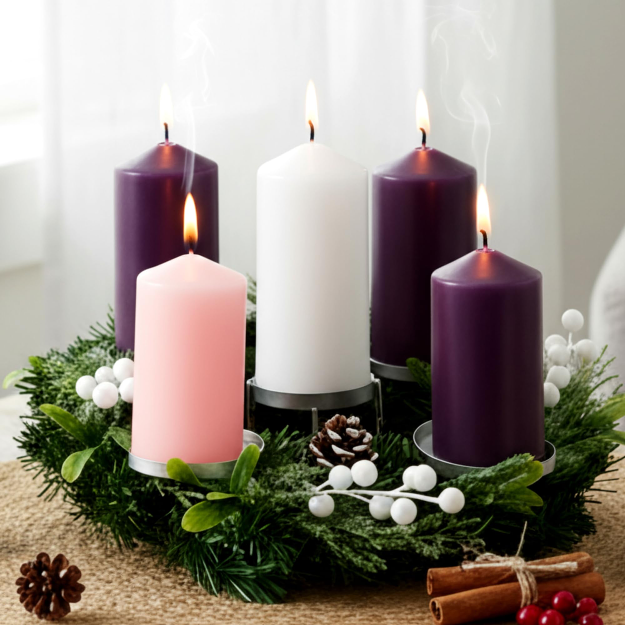 Knitgrip Juego de 7 coronas de Adviento de Navidad con velas de pilar de 3 x 6 pulgadas, candelabro rústico de corona de Adviento y velas de pilar, centro de mesa de Navidad sin perfume, decoración de