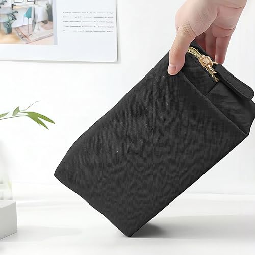 Miniatura 6 de Bolsa de maquillaje de cuero para viaje, organizador de cosméticos pequeño portátil para mujeres y niñas, bolsa de maquillaje con cremallera