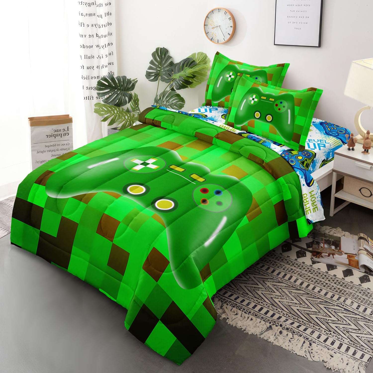 Twin Size Bed in A Bag 5 Pieces Gaming Bedding Set for Boys Blue Gamer Comforter with Sheet Set for Kids Teen Cool Video Game Quilt Bedding Set