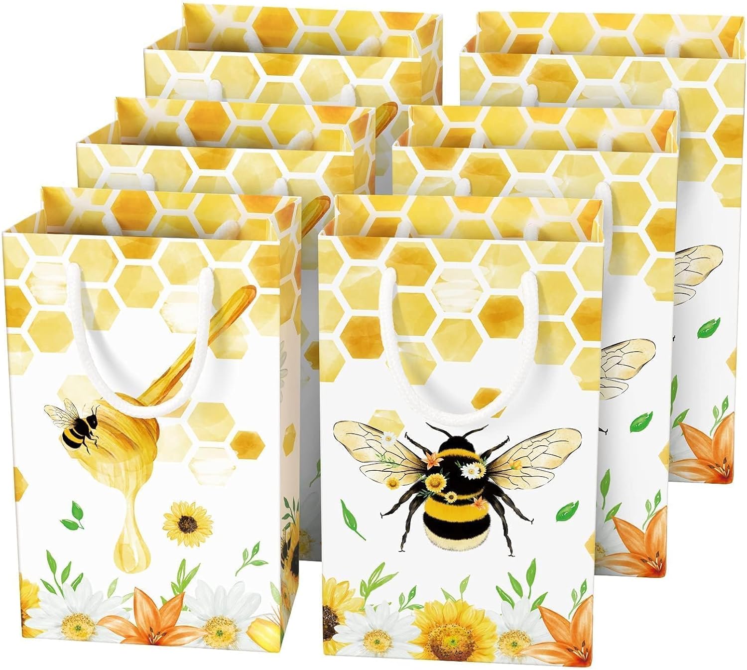 WERNNSAI 16 Pack Bee Gift Bags - Honey Bee Party Supplies Favor Bags for Kids Girls Birthday Bumble Bees Birthday Decorations Beehive Candy Treats Goodies Bags with Handle for Baby Shower Wedding