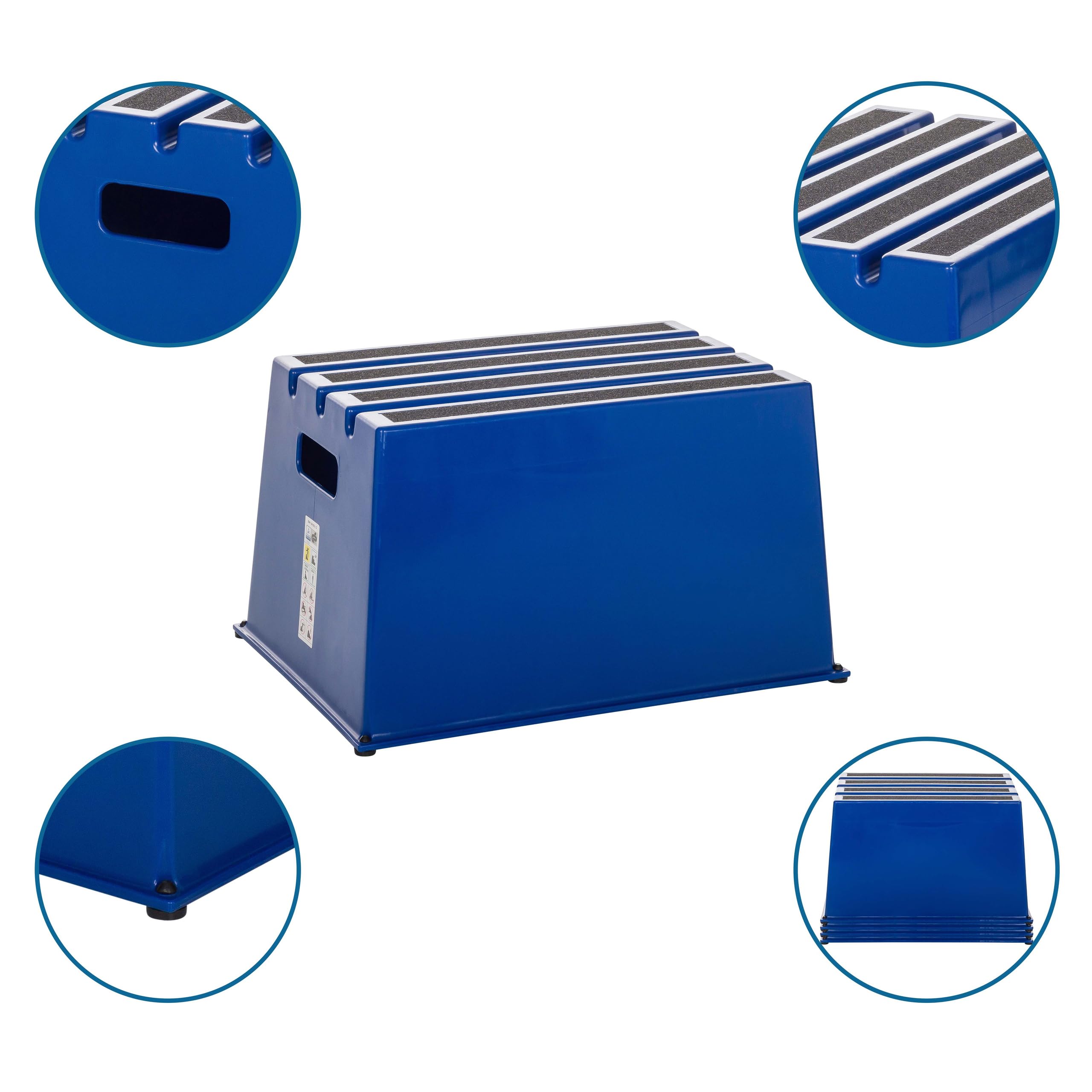 hjh OFFICE Tritthocker bis 150kg belastbar TIO-E1 Kunststoff, Rutschfester Tritt, Schemel für Zuhause und Gewerbe, 31 x 52,5 x 37,5 cm, Blau