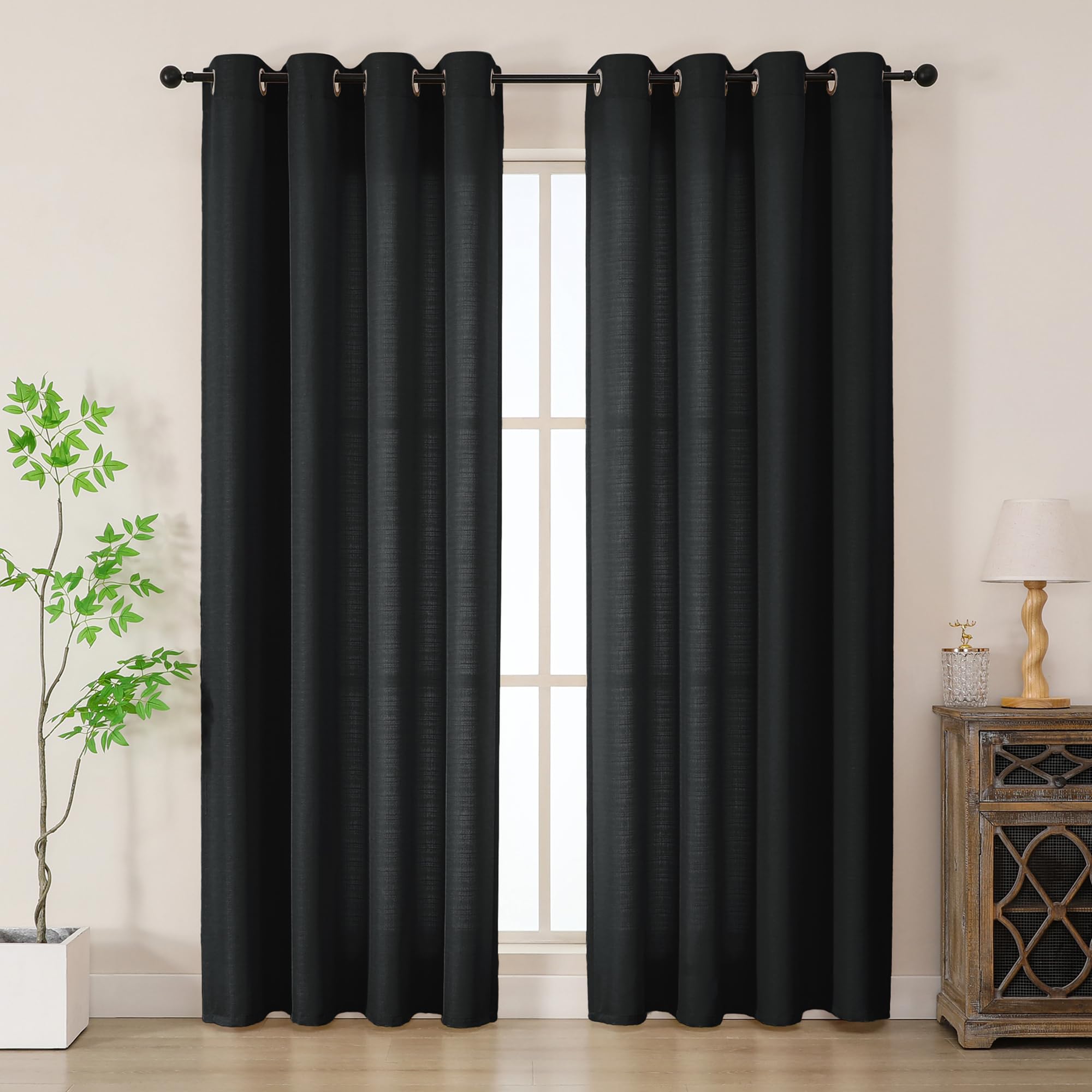 Simplebrand Black Faux Linen Texture Curtain 200 CM Drop, Privacy Curtain for Living Room/Bedroom/Patio Door, Lightweight Semi Translucent Panels with Elegant Eyelet Top, Set of 2, W140 x H 200 CM โ image 1