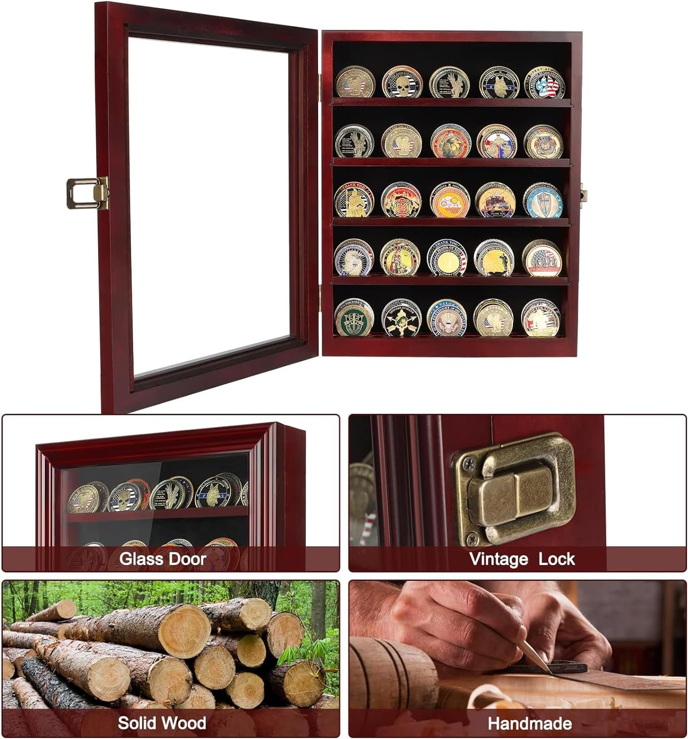 Military Challenge Coin Display Case Holder with HD Toughened Glass and Wall Mount, Wooden Coin Stand Rack with Removable 2 Grooves Shelves, Mahogany Finish…