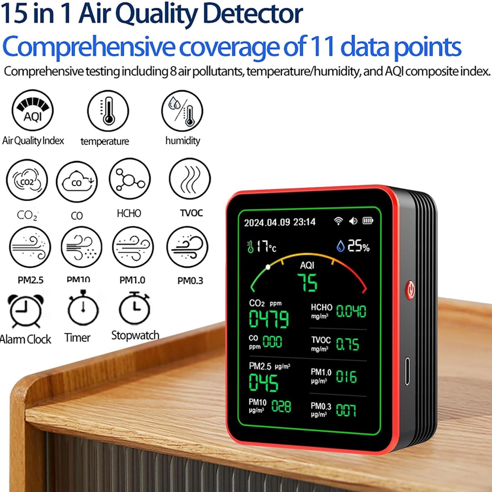Monitor di qualità Dell'Aria WiFi, Tester di qualità Dell'Aria Interna per CO2, TVOC, HCHO, PM0.3-PM10, Temperatura e umidità, Dati in Tempo Reale con App Mobile, Rilevatore di (+rosso)