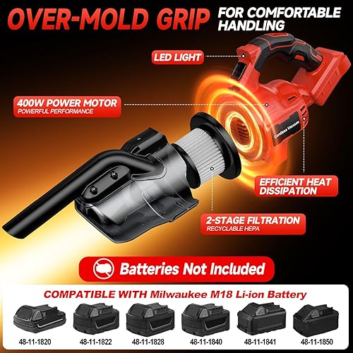 Miniatura 5 de Aspiradora de mano inalámbrica para batería Mil-waukee de 18 V, aspiradora eléctrica de mano con potente succión, aspiradora de mano 5 en 1 con 2