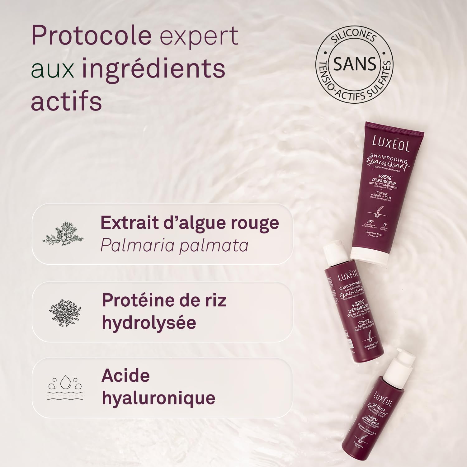 LUXEOL - Routine Epaississante In & Out - Cheveux Gras - +35% D'Epaisseur Dès la 1ère Utilisation* Shampooing + Conditionneur sans rincage+ Sérum + Complément alimentaire - Fabriqué en France