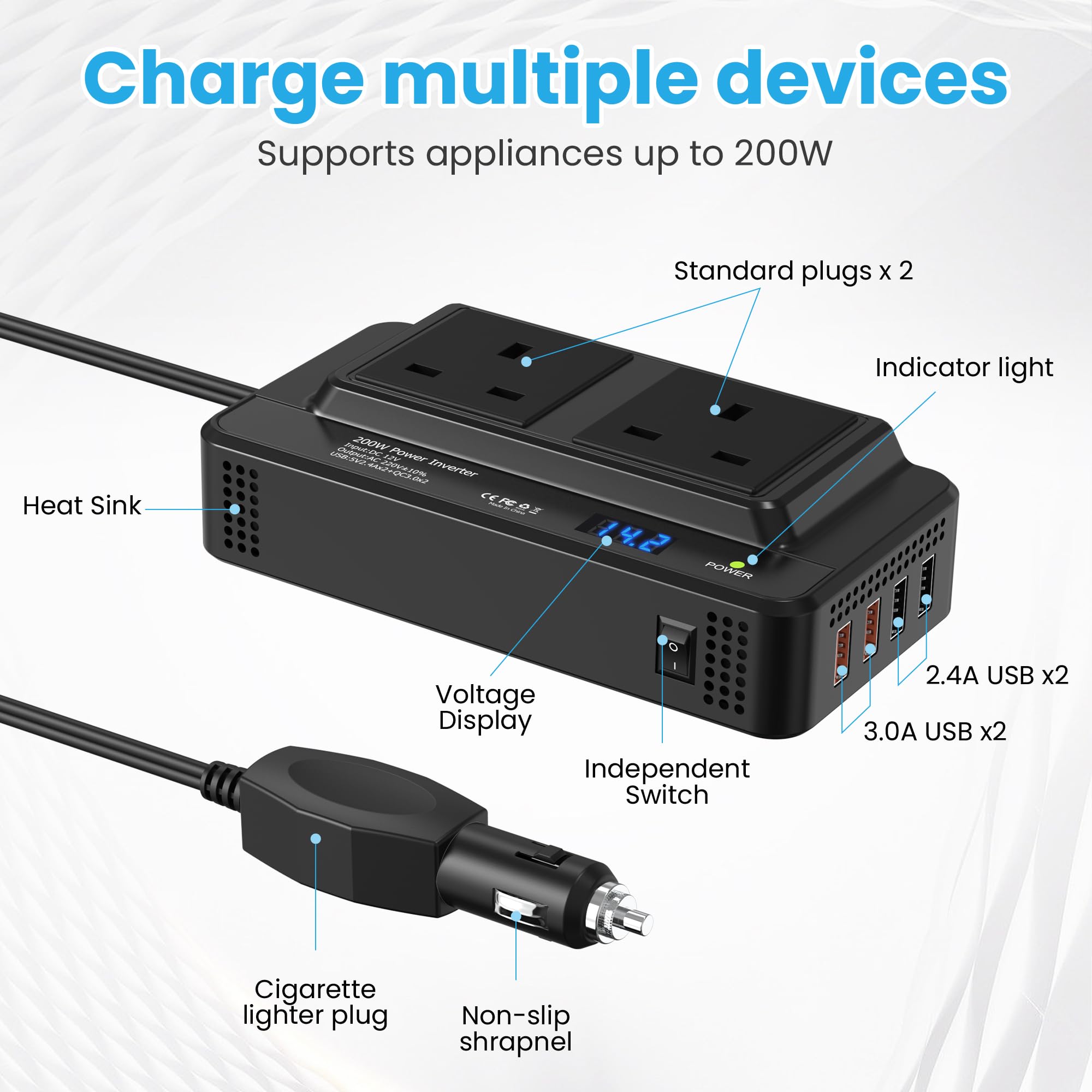 200W Car Voltage Converter Inverter DC 12V to AC 230V with 2 Sockets and 4 USB Ports Fast Charging Car Charger with Cigarette Lighter Plug for Business Trips and Vacation — view 4