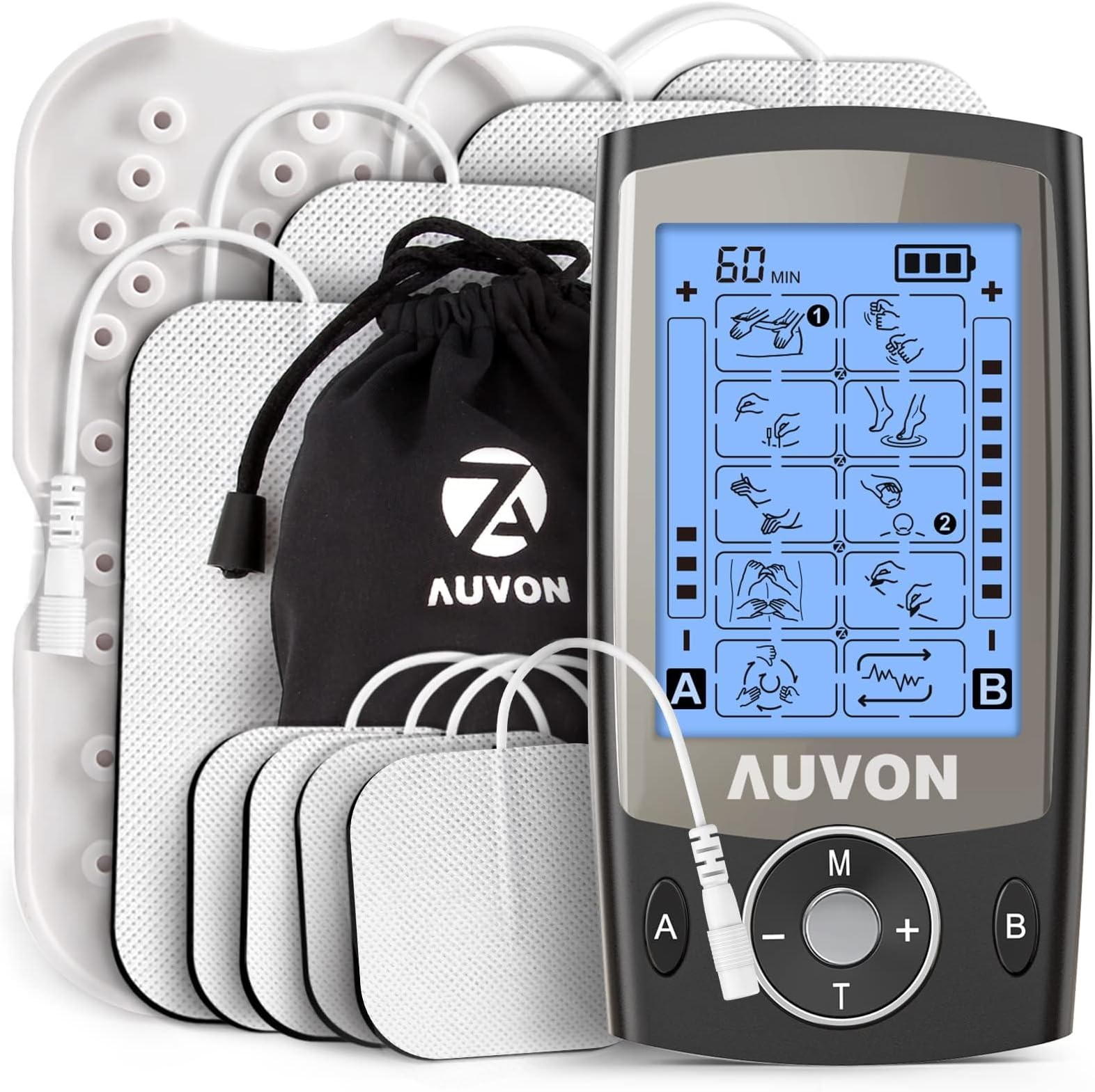 AUVON Dual Channel TENS Unit Muscle Stimulator (Family Pack), 20 Modes Rechargeable TENS Machine with Huge Pack of 24 Pcs Reusable TENS Unit Electrode Pads (2"x2" 16pcs, 2"x4" 8pcs) Black