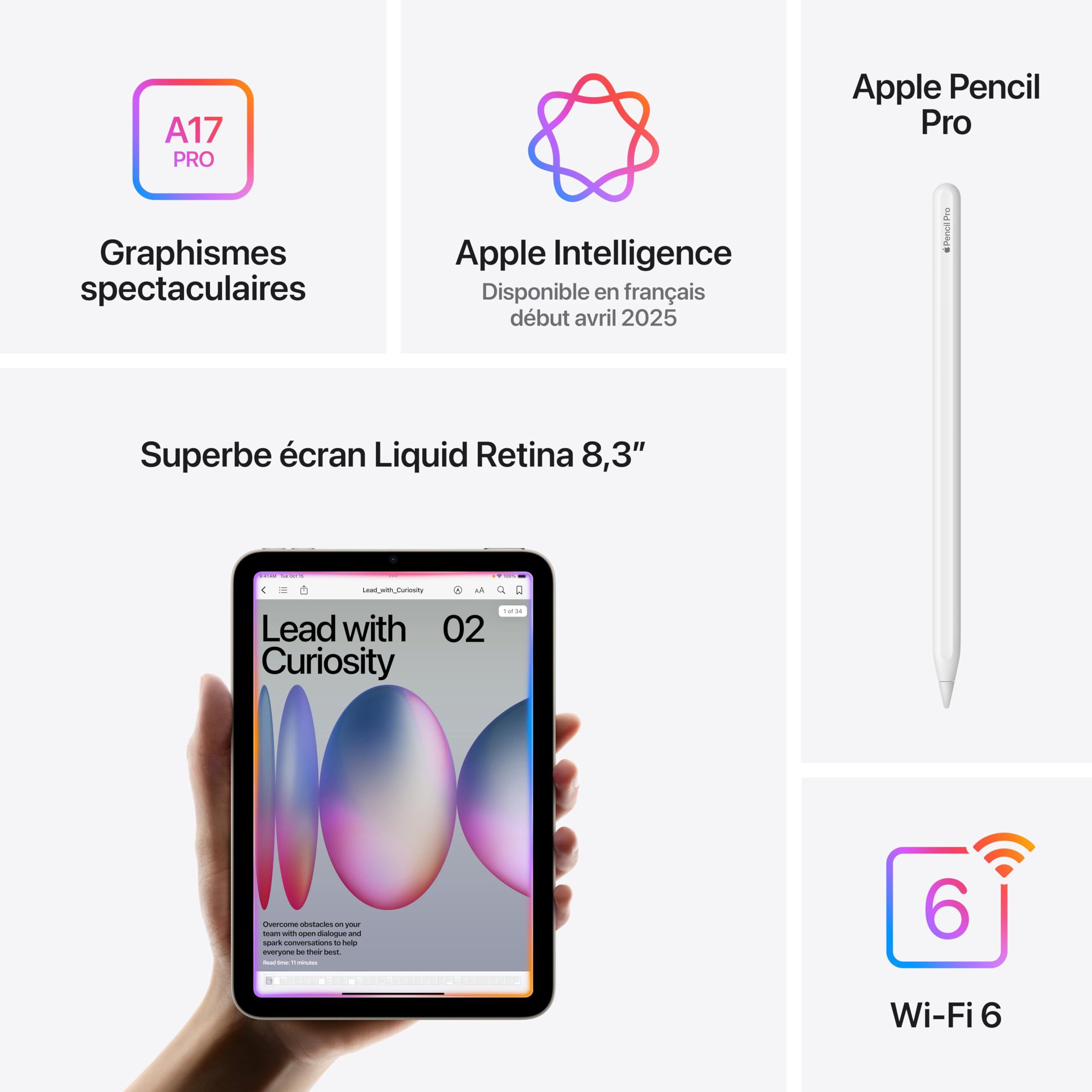 Apple iPad Mini (A17 Pro) : Écran Liquid Retina 8,3 Pouces, 128 Go, Wi-FI 6E, caméras Avant/arrière 12 Mpx, Touch ID, autonomie d’Une journée - Lumière stellaire - 5