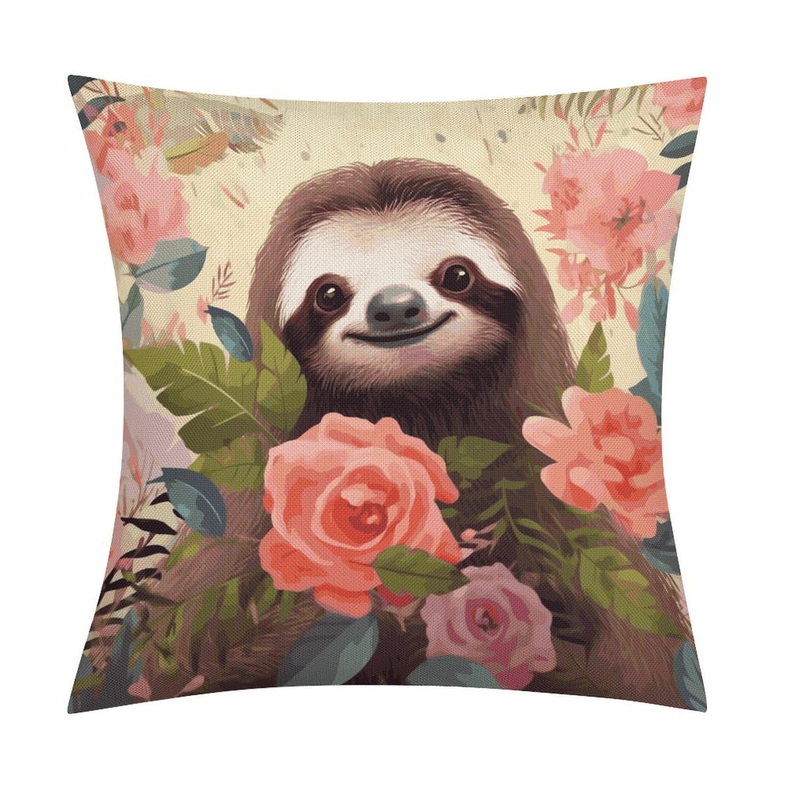 Adfgyerh Style Sloth And Flowers Pillow Covers Soft And Comfortable Invisible Zipper ，Home Decor 18X18 Inch Edging Technology，Throw Pillow Covers For Couch Sofa Bedroom Living Room.