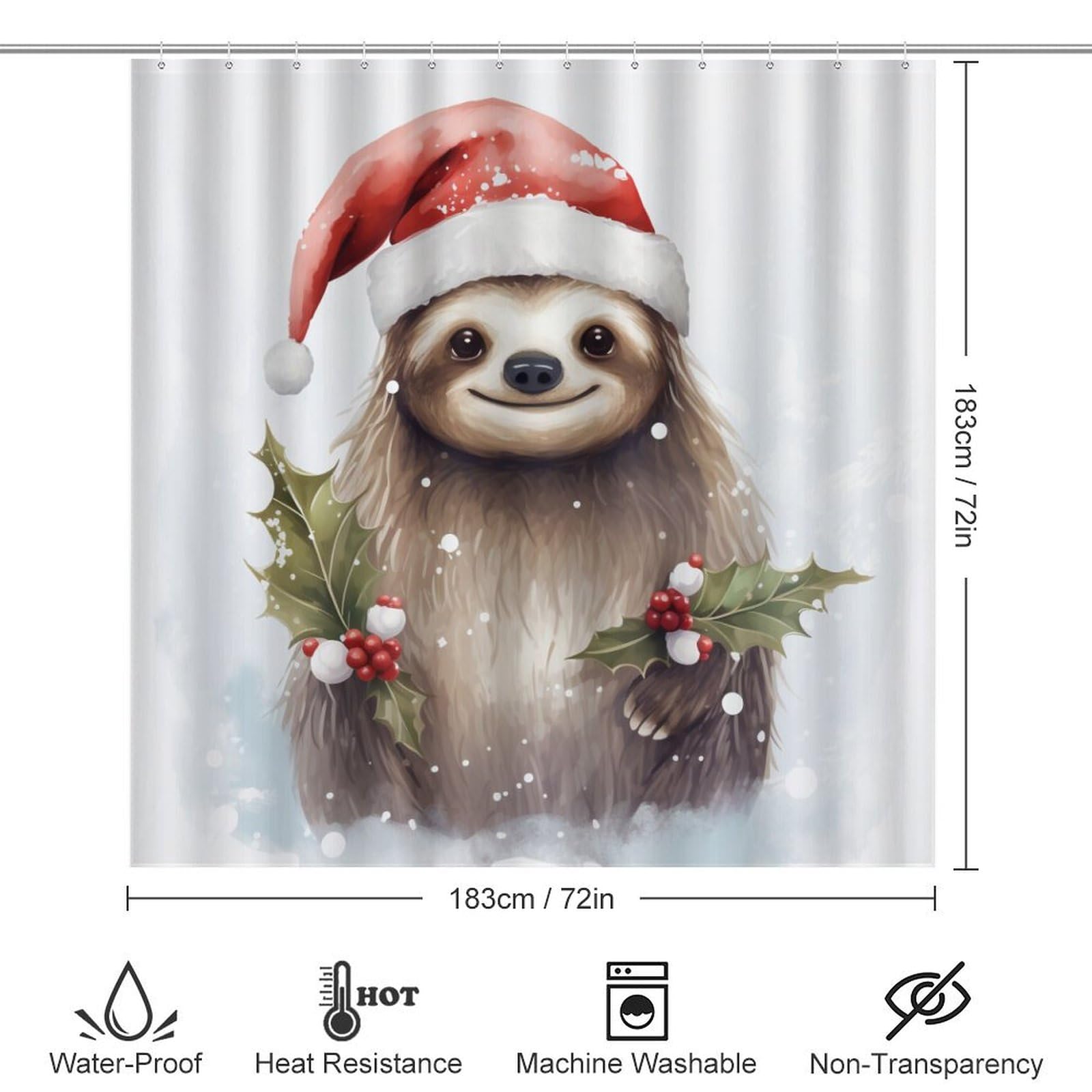 HighonHi Cute Cartoon Sloth Wear Santa Hat in Snowing Winter 4 Piece Shower Curtain Sets Rug Toilet Lid Cover and Non-Slip U Shape Mat Christmas Sloth Waterproof Shower Curtain for Bathroom Decor Set