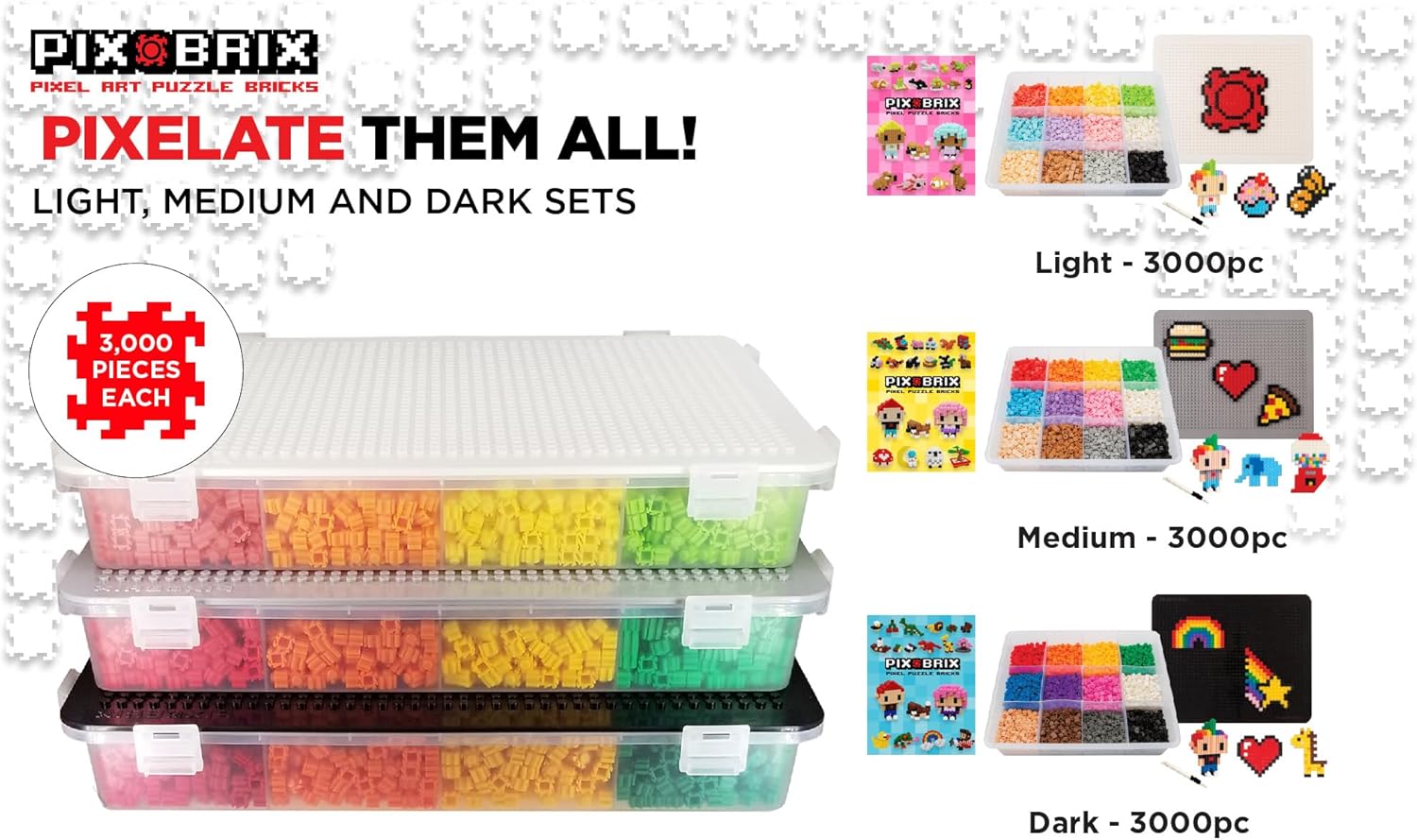 Pix Brix Pixel Art kit Puzzle Bricks - 3,000 Piece Pixel Art Container, 12 Color Dark Palette - Interlocking Building Bricks, Create 2D and 3D Builds Without Water or Glue - Stem Toys, Ages 6 Plus