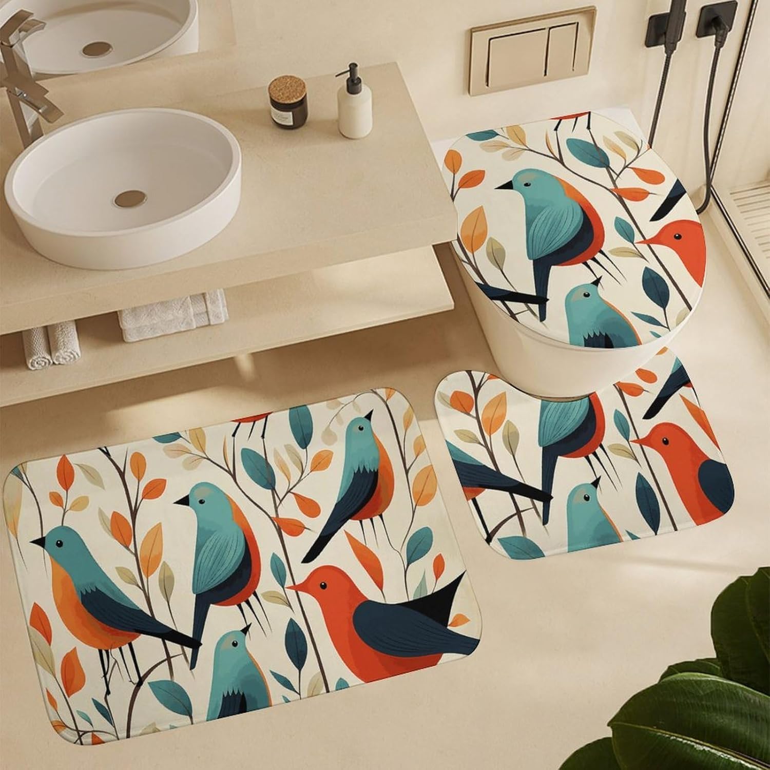 Flock of Birds Shower Curtains Set 4 Piece with Non-Slip Rugs, Toilet Lid Cover and Bath Mat Soft Bathroom Carpet Waterproof Bathroom Curtain with 12 Hooks for Bathroom Decor