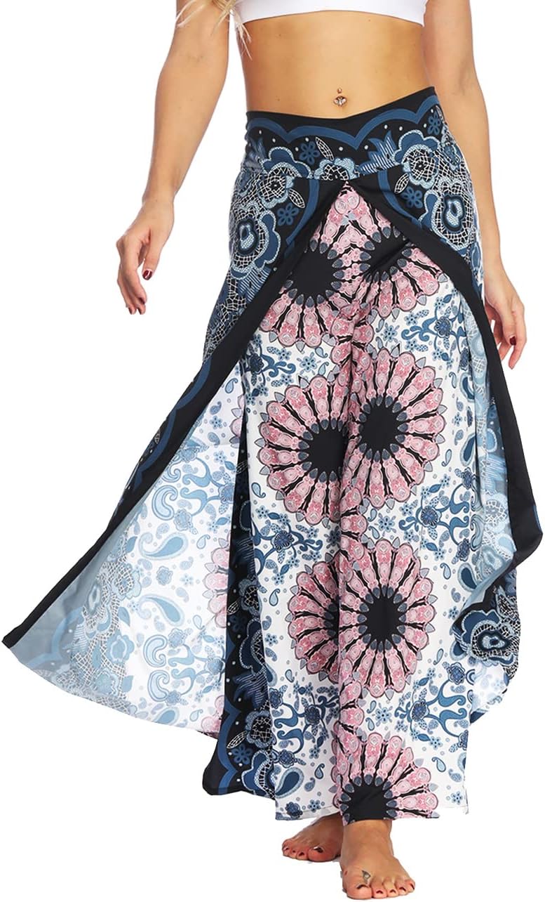 Plustrong Womens Slit Wide Leg Pants Casual Hippie Beach Boho Pilate Flowy Palazzo Yoga Pants