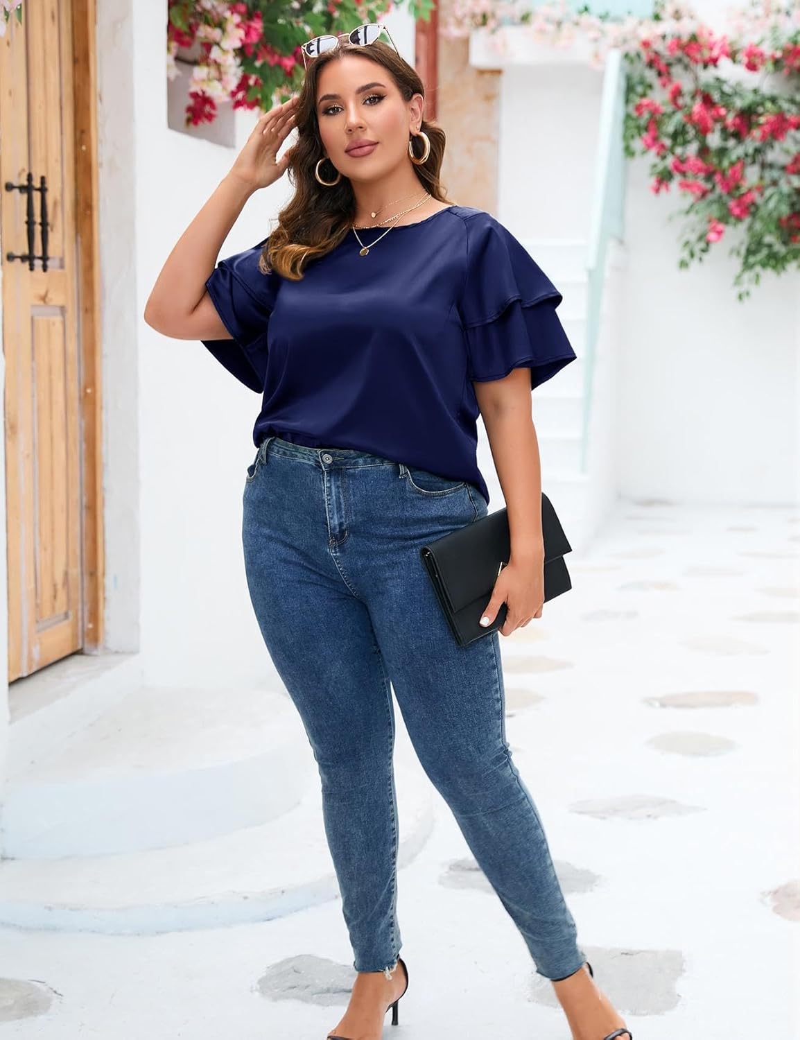 ZOMVA Women's 2024 Plus Size Satin Blouse Short Ruffle Sleeves Silk Top Dressy Shirt Office Elegant - Image 4