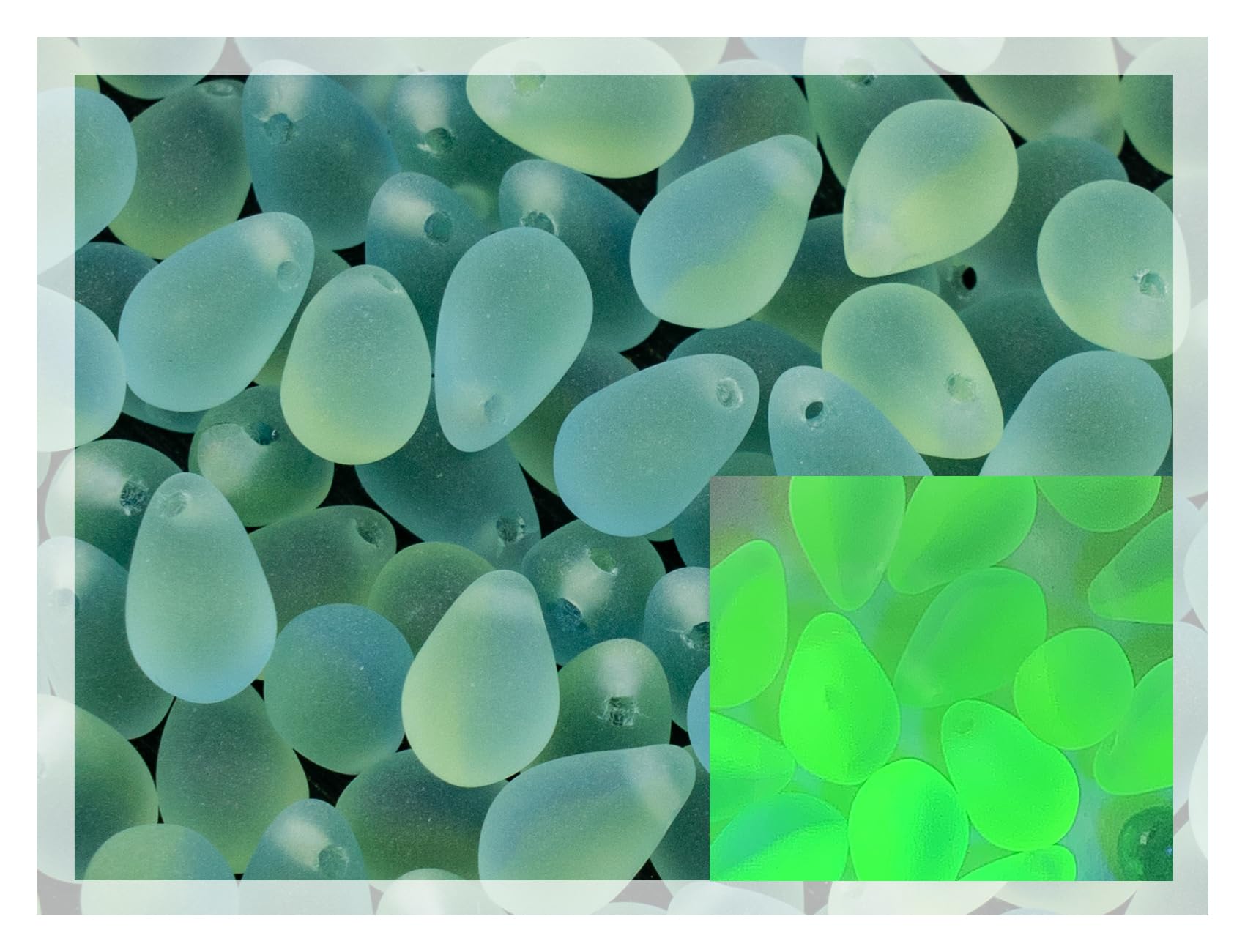 Czech 50-Piece Glass Beads, 6x9mm, Teardrop Glow Under Blacklight Transparent Blue Green Matte