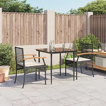 3 Piece Patio Dining Set with Cushions, Black Poly Rattan Outdoor Furniture Set for Garden Backyard, All-Weather PE Wicker Chairs & Tempered Glass Table, UV-Resistant & Waterproof