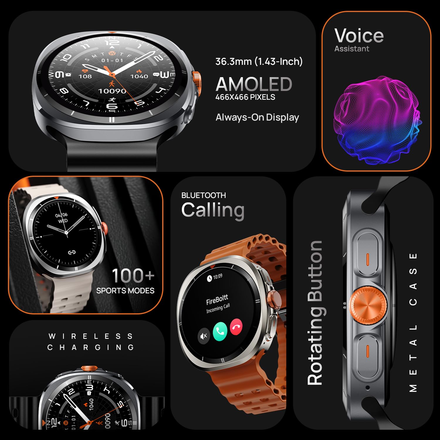 Fire-Boltt Axiom Round Smart Watch 1.43" Super AMOLED Display with Always-On Mode, Bluetooth Calling, Rotating Crown, SPO2 & Heart Rate Monitor, IP67 Waterproof Silicone Smartwatch for Men - Orange — Amazon image 3