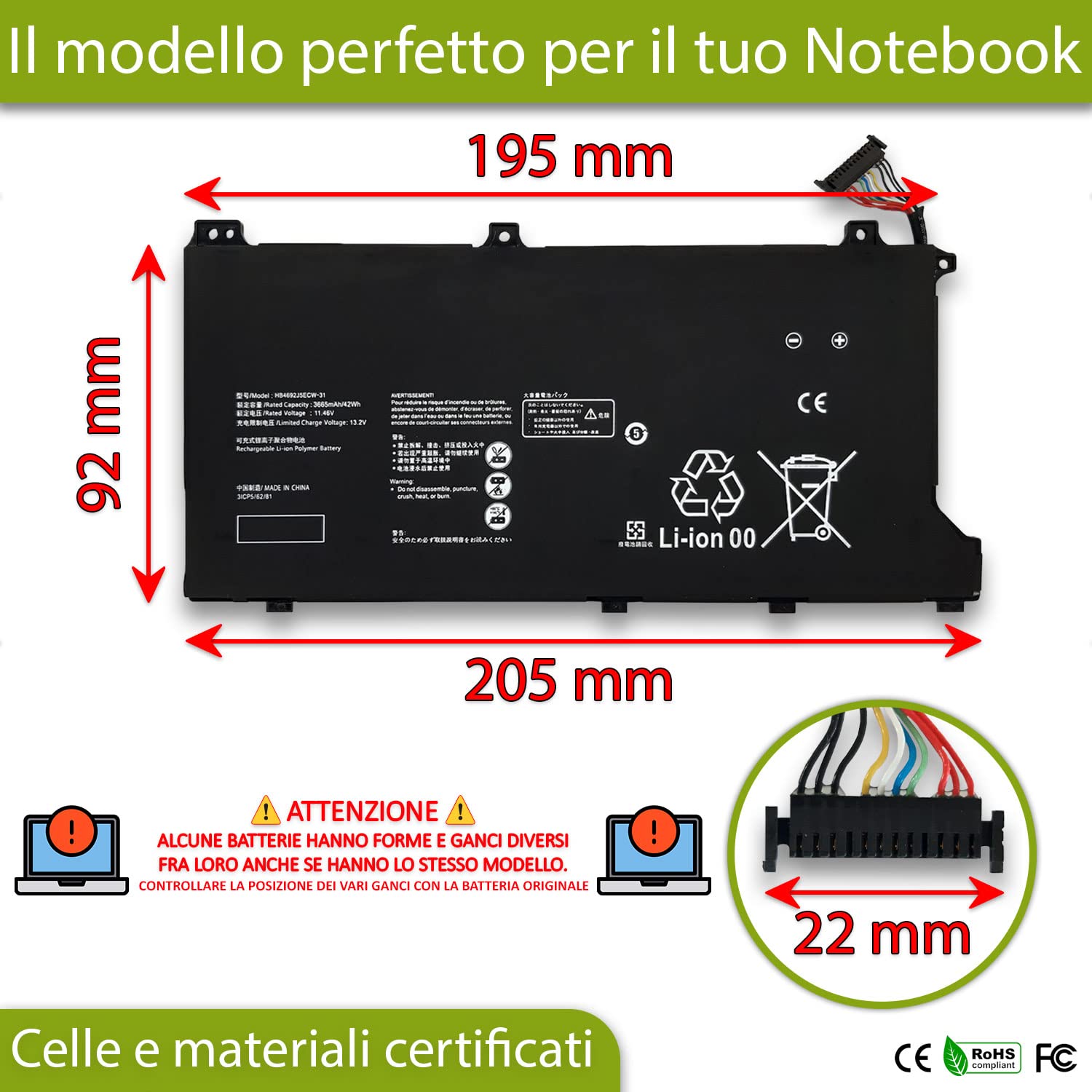 New Net Batteries - Batteria HB4692J5ECW-31 compatibile con HUAWEI 3ICP5/62/81 HB4692J5ECW31 HB4692J5ECW-31C HB692J5ECW-31 HB4692J5ECW31C [ 11.46 V - 42 Wh ]