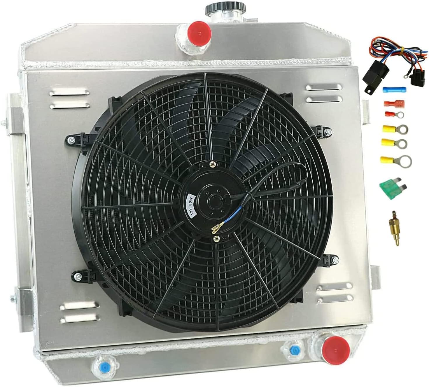 Aluminum Radiator for 1955 1956 1957 Chevy Bel Air BelAir Nomad Del Ray V8, Downflow 3 Row Radiators Electric Fan Shroud Thermostat Kit Combo 55 56 57