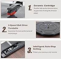 Vista 7 de LP&No.1 Tocadiscos, tocadiscos de vinilo con altavoces estéreo, tocadiscos de 3 velocidades por correa para álbumes de vinilo con apagado automático