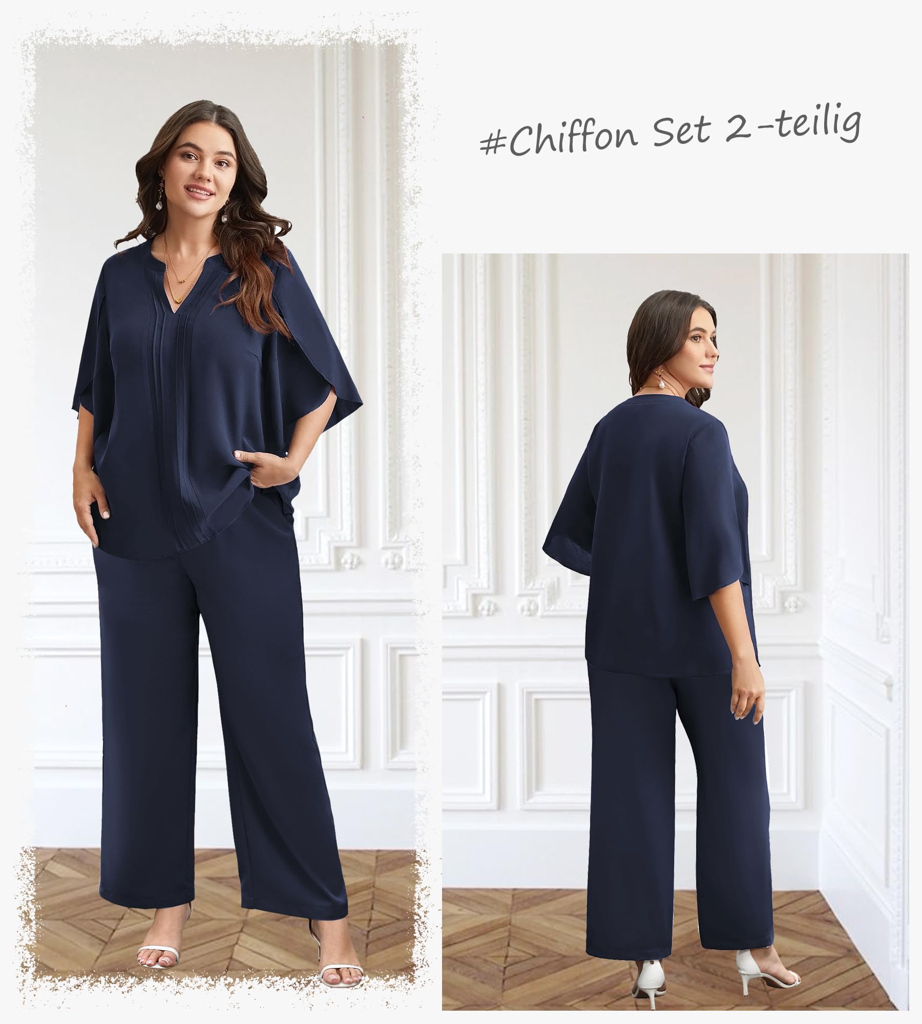 Theenkoln Damen Großgrößen Chiffon Set 2-teilig Elegantes Outfit V-Ausschnitt Top Fledermausarm Hoher Taille Hose