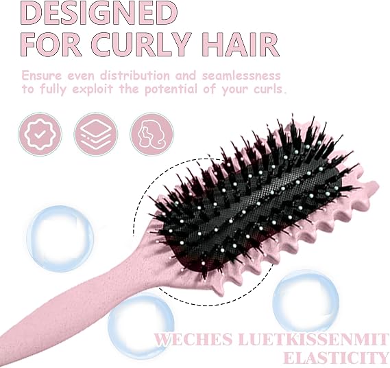 Curl Brush - Define Styling Brush with Prongs, for Combing and Shaping Men's and Women's Curls to Reduce Pulling and Curl Separation (Pink, 24cm)